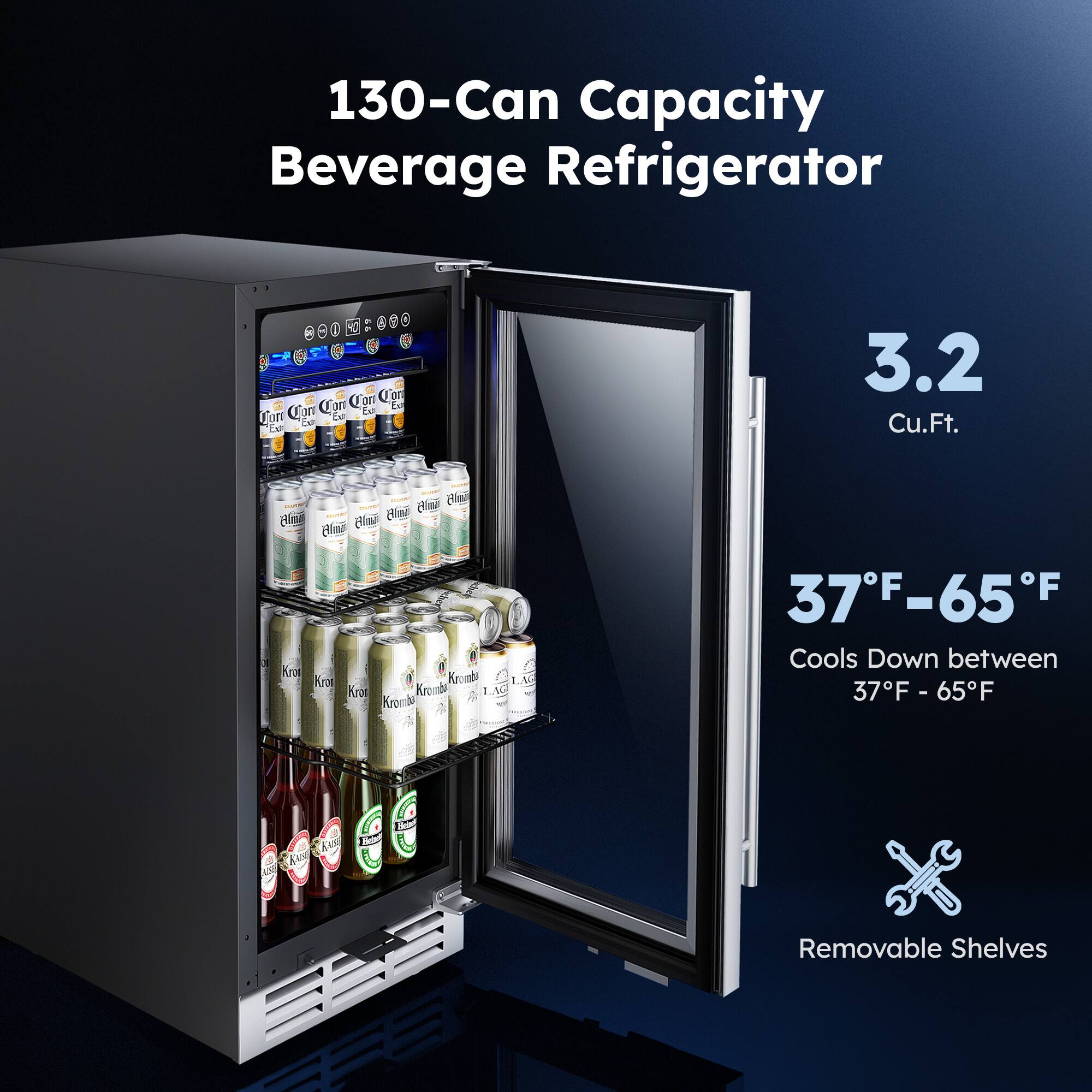 130-Can Capacity Beverage Refrigerator  
3.2 Cu.Ft.  
Cools Down between 37°F - 65°F  
Removable Shelves