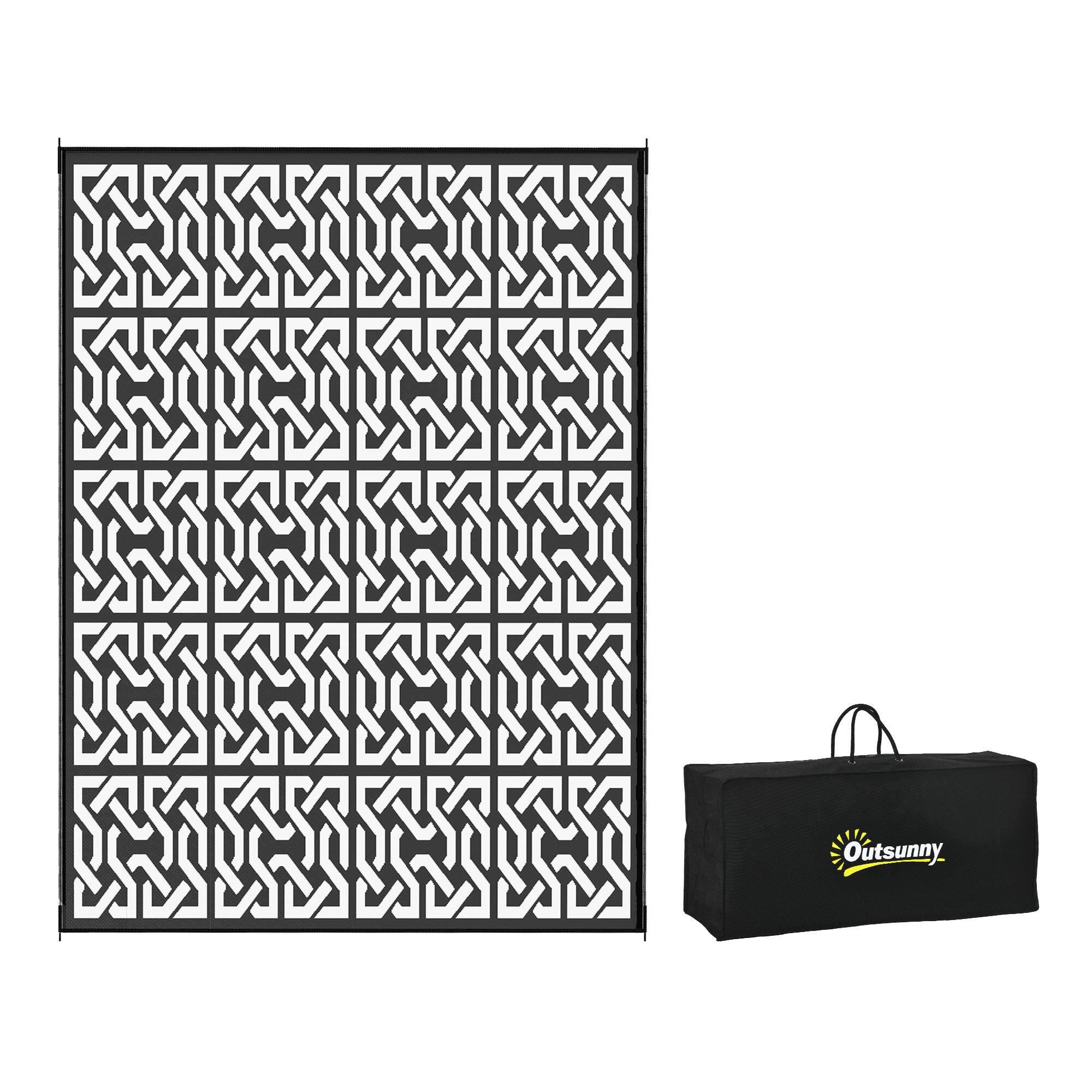 Outsunny - Outdoor Rug for Patio, 9' x 12' Waterproof Large Mat, Reversible Plastic Straw Rug for Décor - Black and White Chain