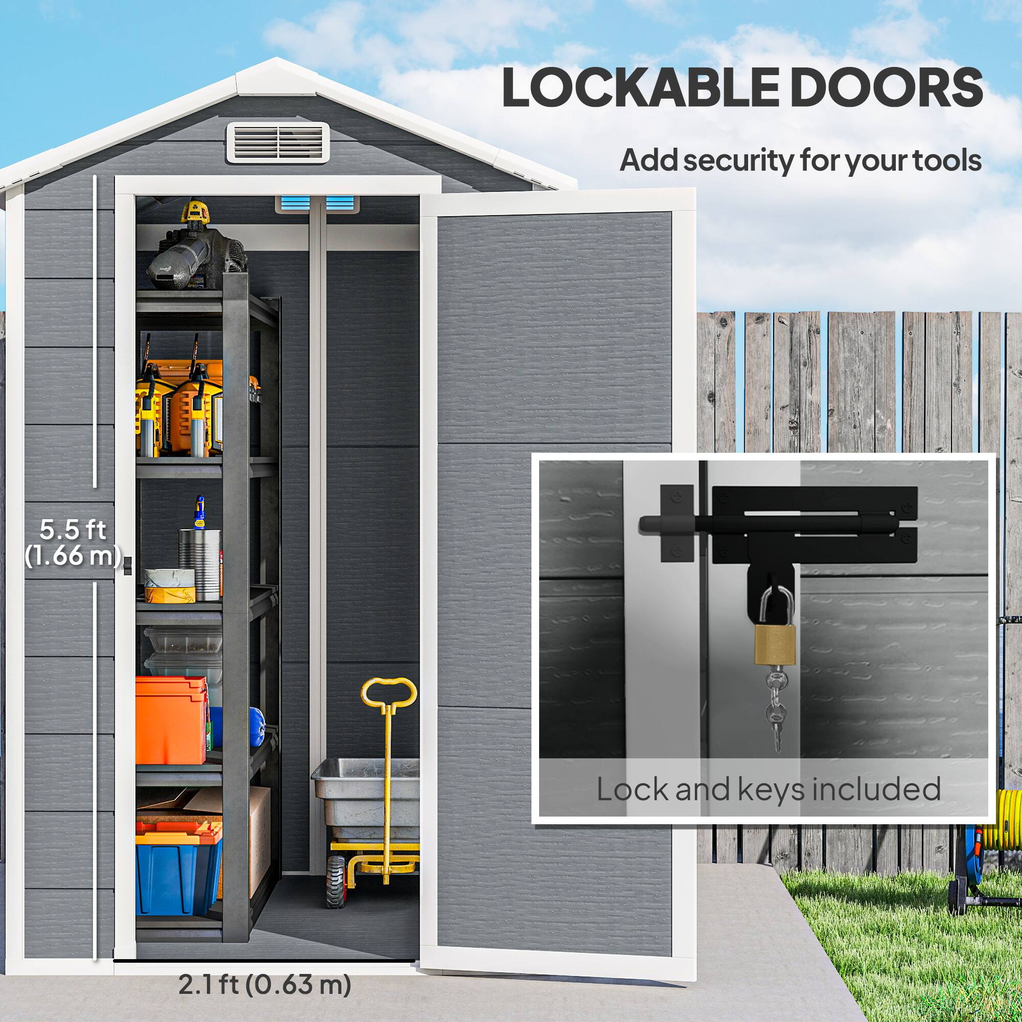 LOCKABLE DOORS  
Add security for your tools  

5.5 ft (1.66 m)  

Lock and keys included  

2.1 ft (0.63 m)