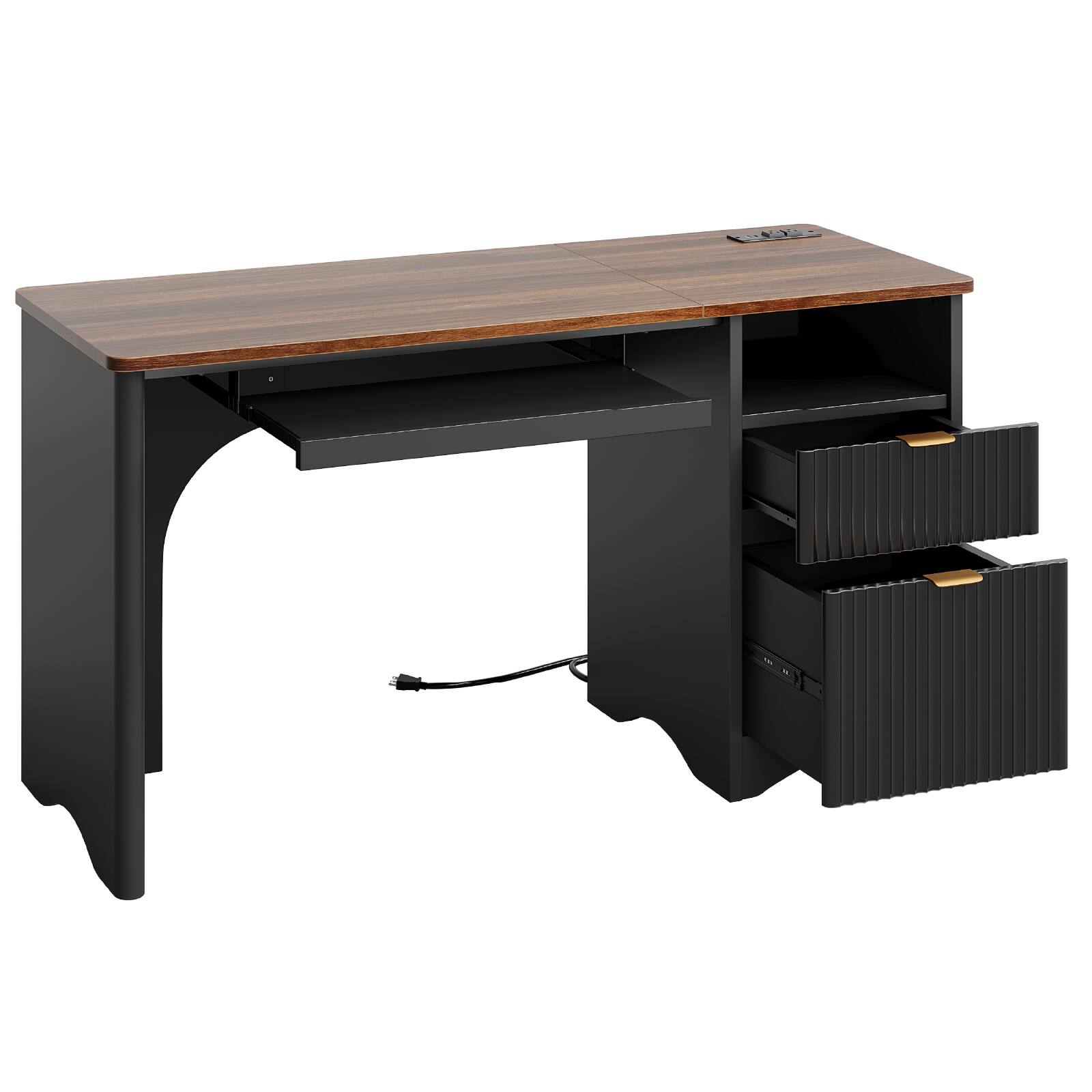 Angle. Bestier - 55-inch Double Drawer Desk with USB Charging Ports & Keyboard Tray - Walnut.
