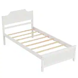Costway - Twin Size Solid Wood Platform Bed Frame with Headboard, Wood Slat Support - White+Natural