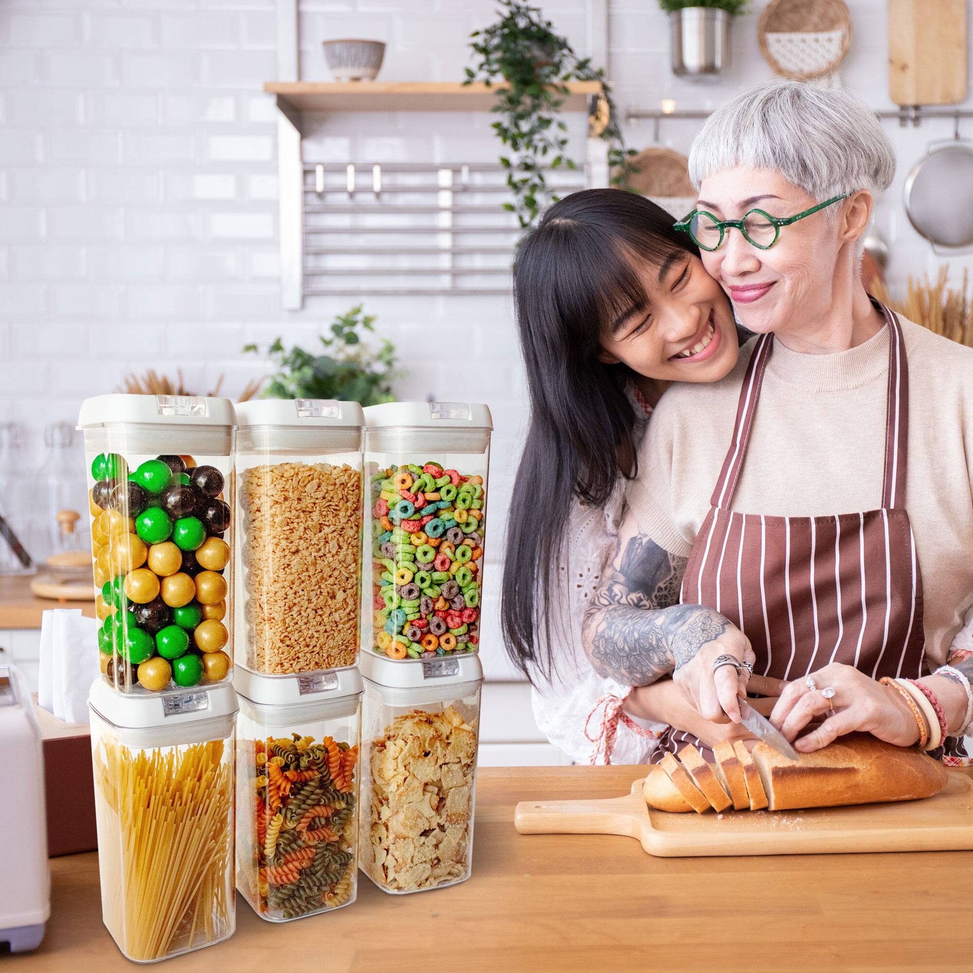 Angle. Cheer Collection - 1.2-Liter Airtight Pantry Food Storage Containers with Secure Flip-Top Lids, 6-Pack, White - White.