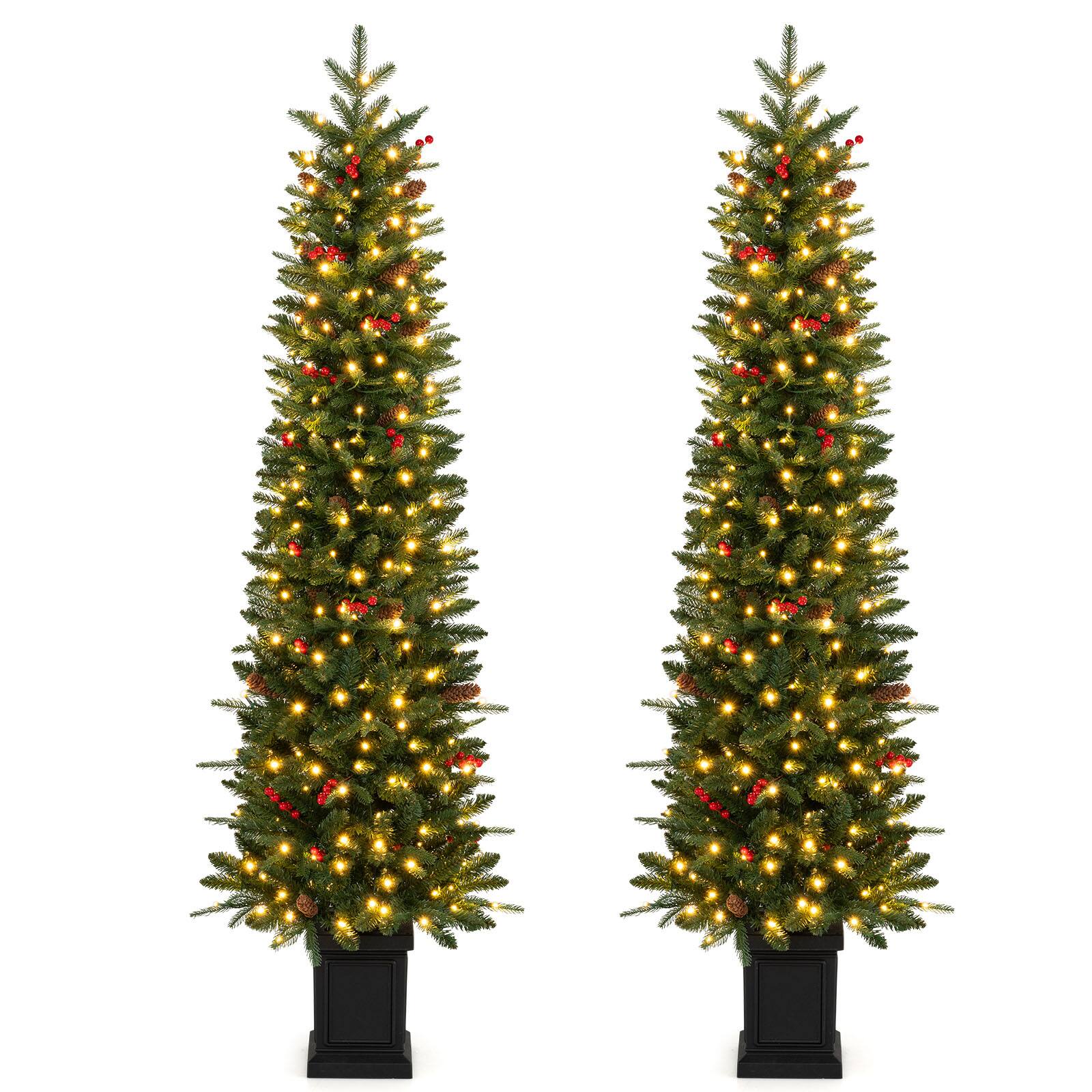 Front. Costway - Costway 2 PCS 6 FT Artificial Xmas Tree with 655 Full Branch Tips, 18 Pine Cones, 200 LED Lights - Green.