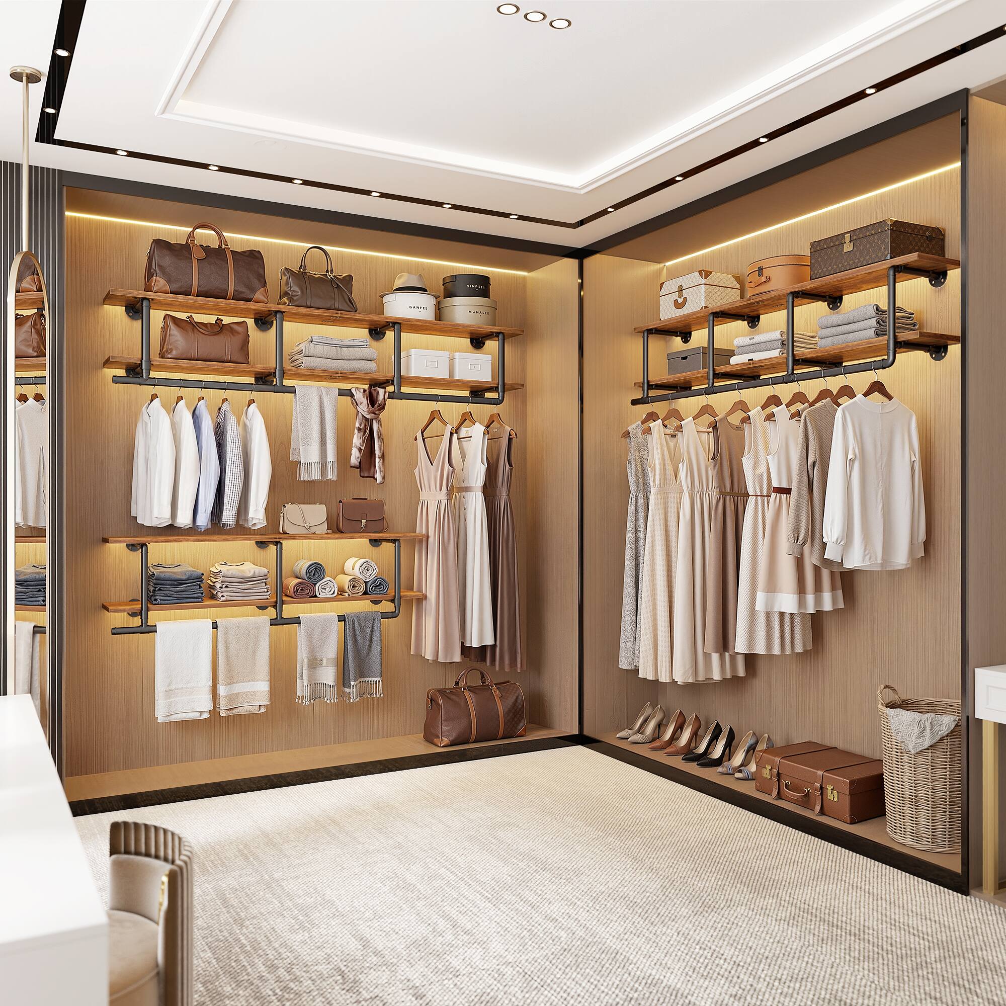 Back. Aheaplus - 72.5'' Wide Wall Industrial Pipe Garment Rack, 2-Tier Wall Clothing Rack for Laundry/Entryway/Closet - Brown.