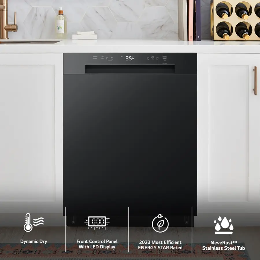 The text on the image reads:

* Dynamic Dry Front Control Panel with LED Display
* 2023 Most Efficient ENERGY STAR Rated NeveRust Stainless Steel Tub
* I: 000 P
