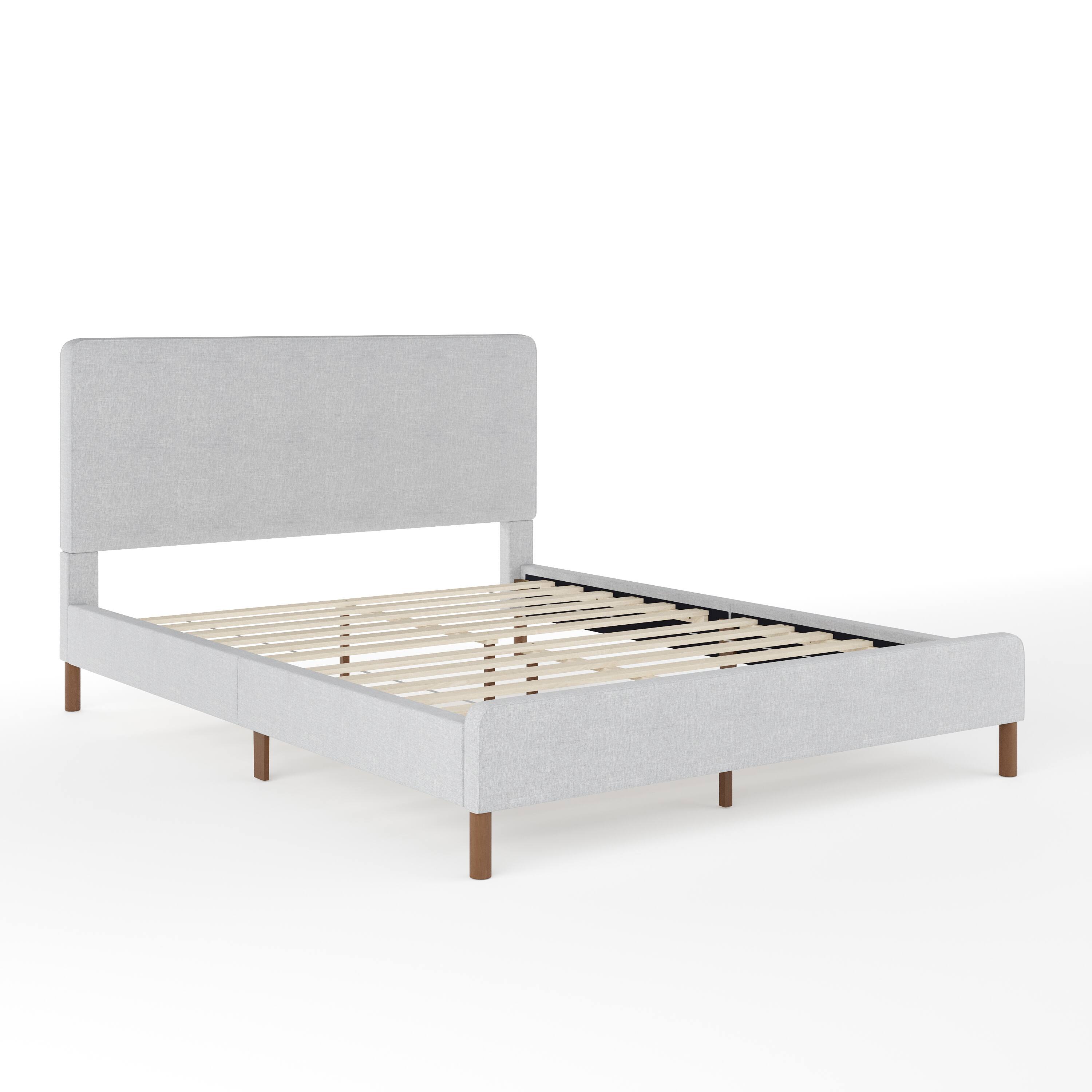 Alt View 11. Martha Stewart - Britta Faux Linen Upholstered Queen Size Platform Bed with Piped Headboard - Gray Fabric/Walnut Legs.