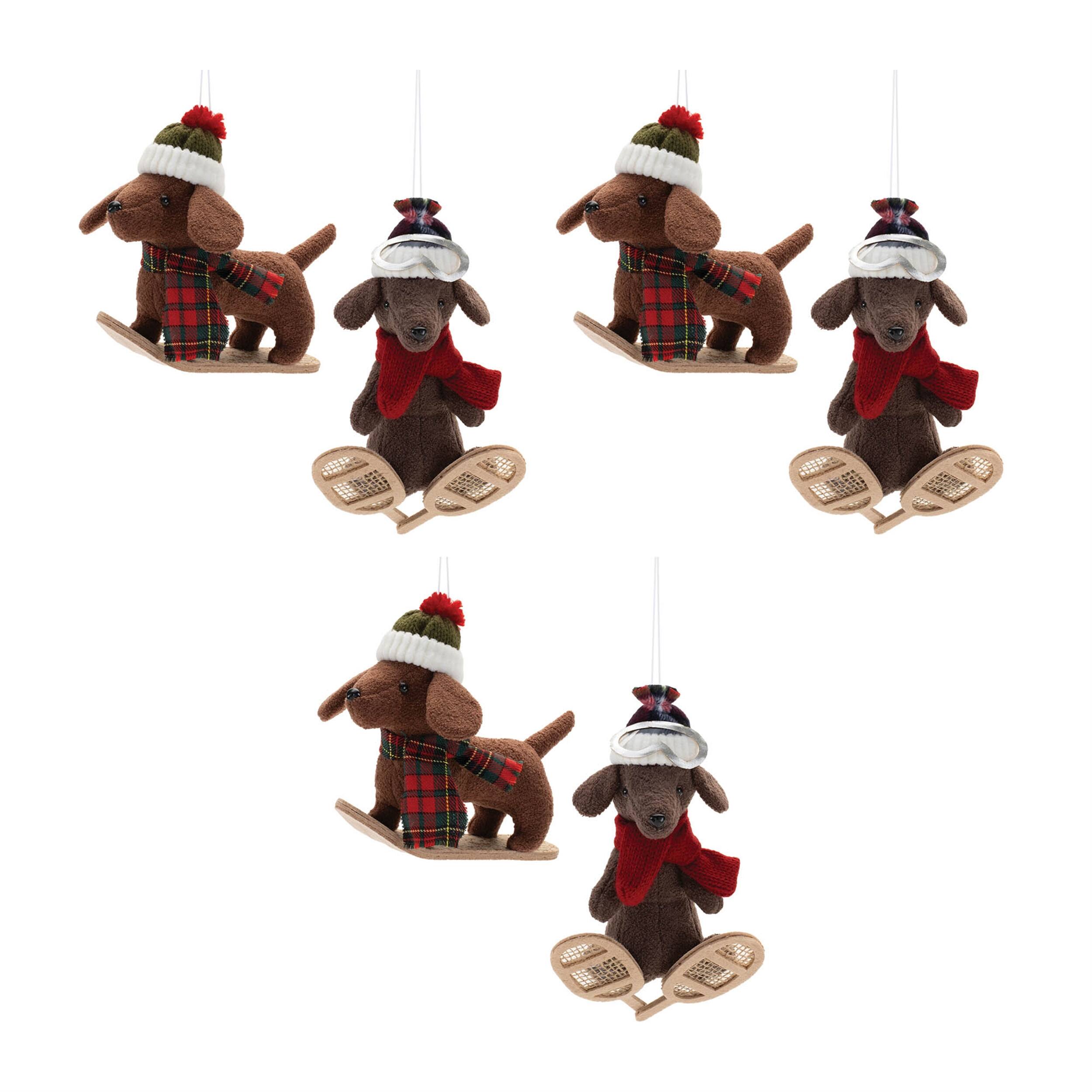 Alt View 4. BreeBe - Plush Ski and Snowboard Dog Ornament (Set of 6) - Red, Brown, Beige.