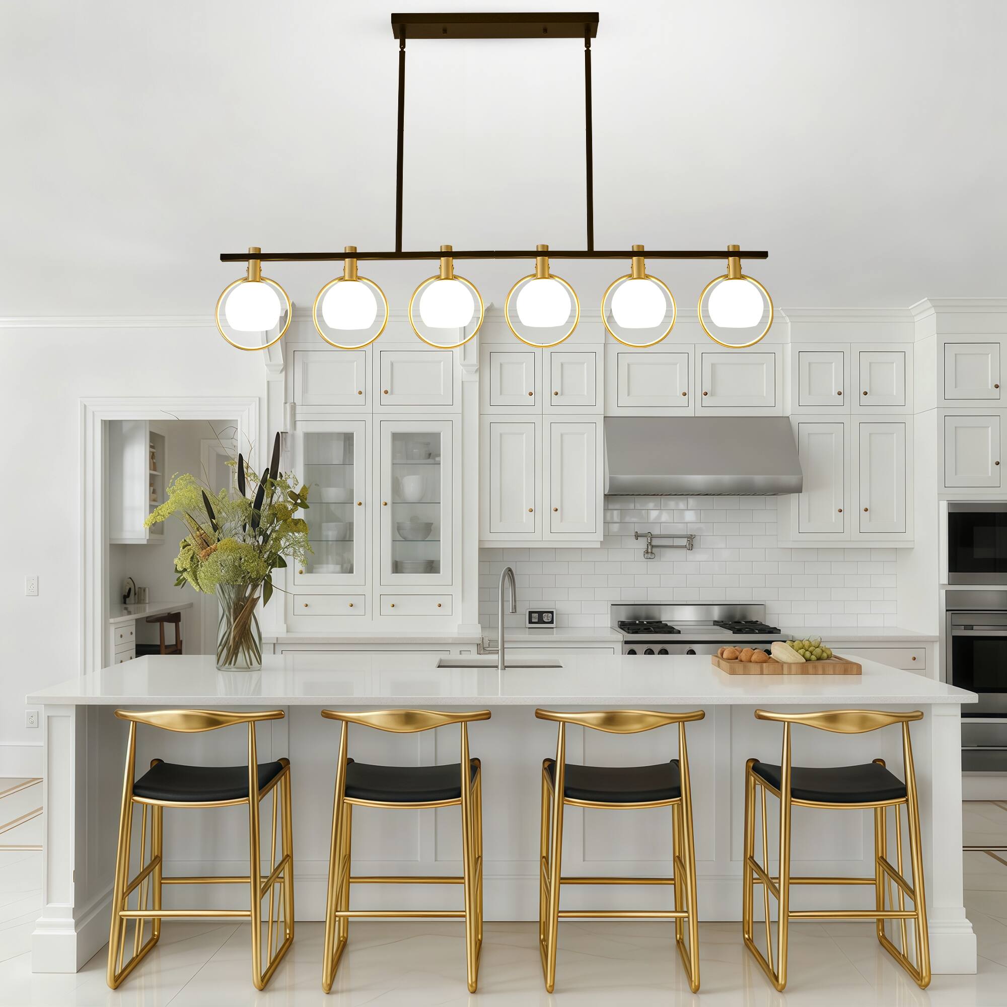 Angle. RYHNUYNE - 6-Light Dining Room Light Fixture,Gold Kitchen Island Lighting with Milk Glass Shade, Linear Chandeliers for Kitchen Din - Black.