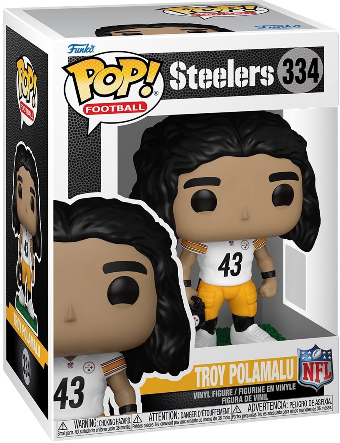 Sure, here is the corrected and grouped text from the image:

---

**Funko POP! Football**

**Steelers 334**

**Troy Polamalu**

**Vinyl Figure / Figurine en Vinyle / Figura de Vinil**

**Warning: Choking Hazard. Small parts. Not suitable for children under 36 months.**

**Attention: Danger d'étouffement. Petites pièces. Ne convient pas aux enfants de moins de 36 mois.**

**Advertencia: Peligro de asfixia. Piezas pequeñas. No es adecuado para niños menores de 36 meses.**

**NFL**

---

This text is grouped and corrected for clarity and accuracy.