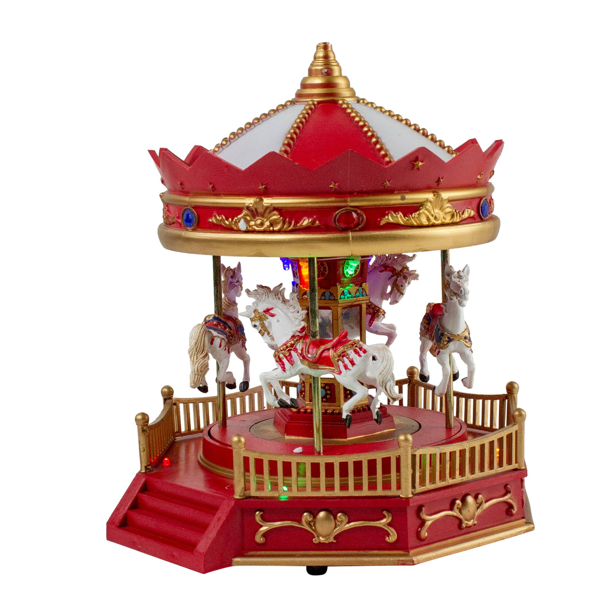 Alt View 2. Northlight - LED Lighted Animated and Musical Carousel Christmas Village Display - 9.25" - Red.