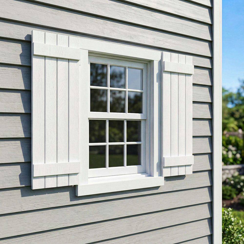 Angle. Kadyn - Classic Board & Batten Faux Shutters with 2 Horizontal Bars for Timeless and Durable Exterior Elegance, 14"x31", White - White.