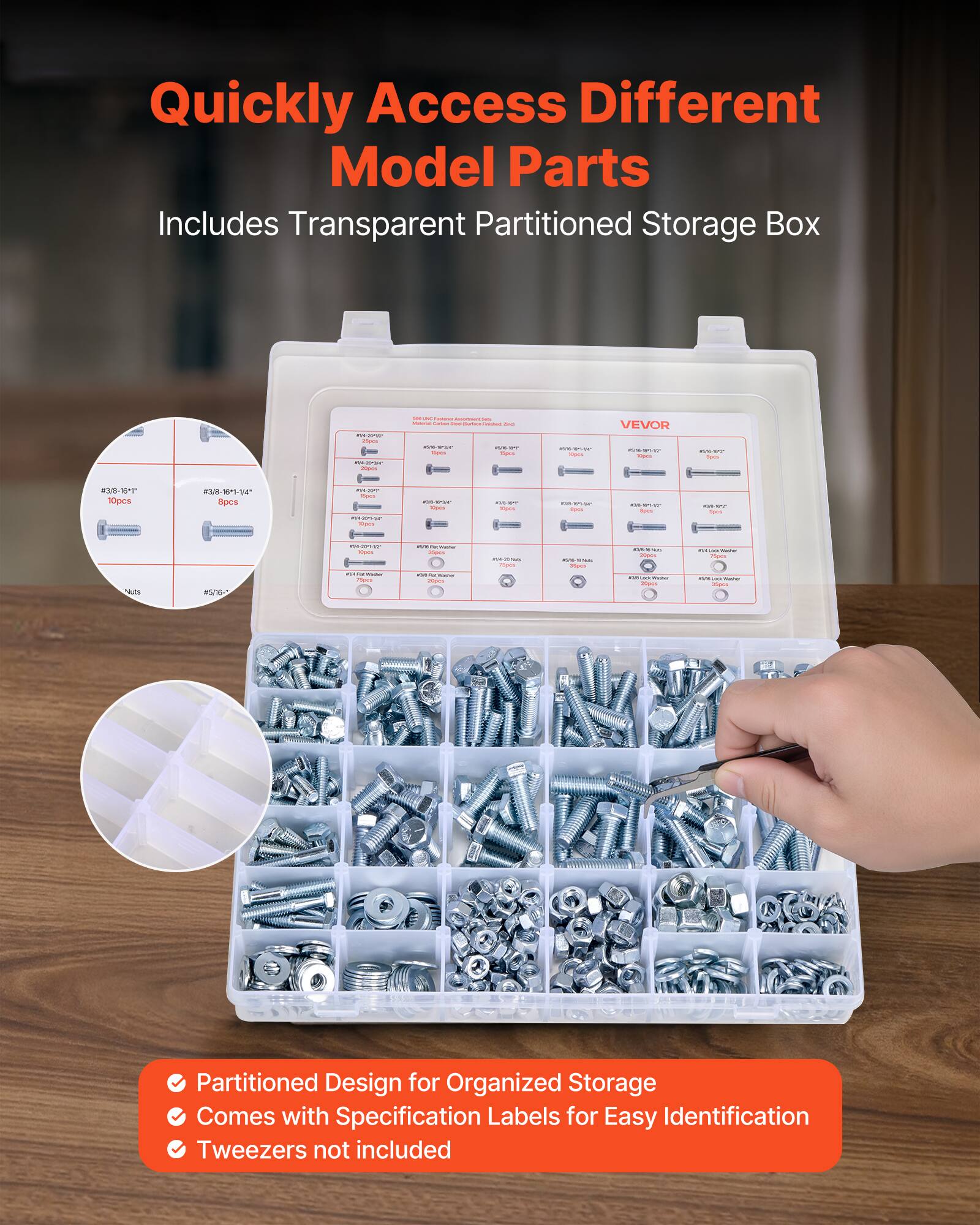 Quickly Access Different Model Parts  
Includes Transparent Partitioned Storage Box

Partitioned Design for Organized Storage  
Comes with Specification Labels for Easy Identification  
Tweezers not included