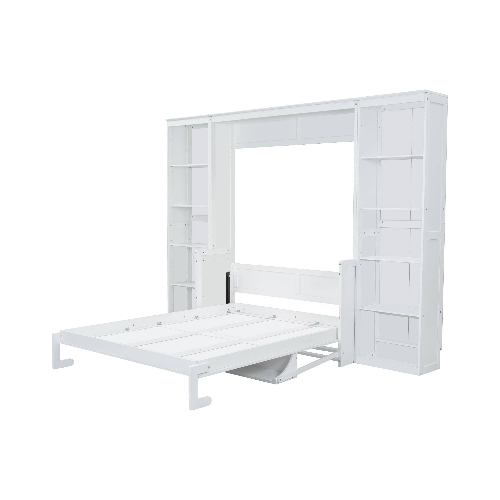 Back. Whisen - Queen Size Murphy Bed with Built-in Desk and Side Bookshelves, Foldable Space-Saving Bed Cabinet - White.