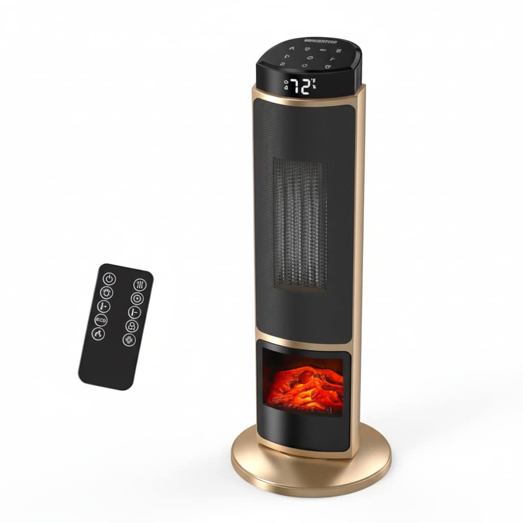 AOITUN - 1500W Ceramic Tower Heater with Remote, Fast Heating Space Heater for Indoor, 7 Color Flame Light, Thermostat, Timer - Gold