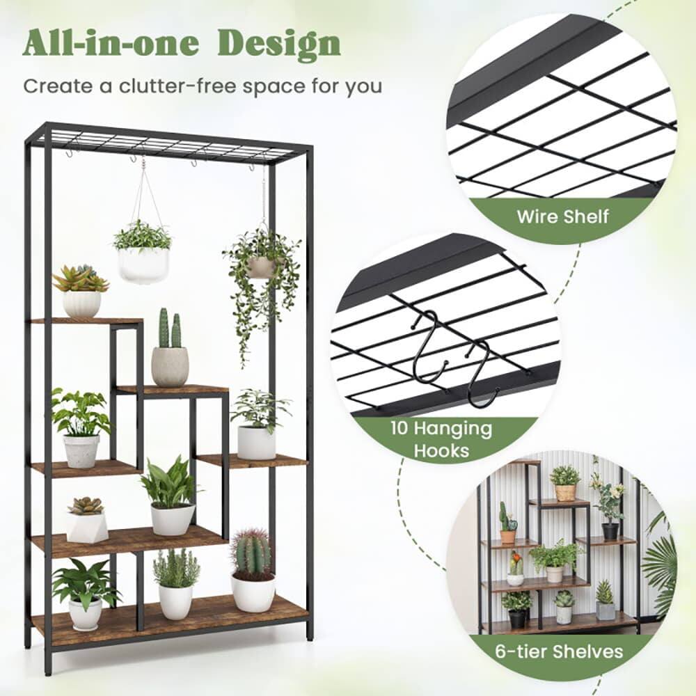All-in-one Design  
Create a clutter-free space for you  

Wire Shelf  
10 Hanging Hooks  
6-tier Shelves