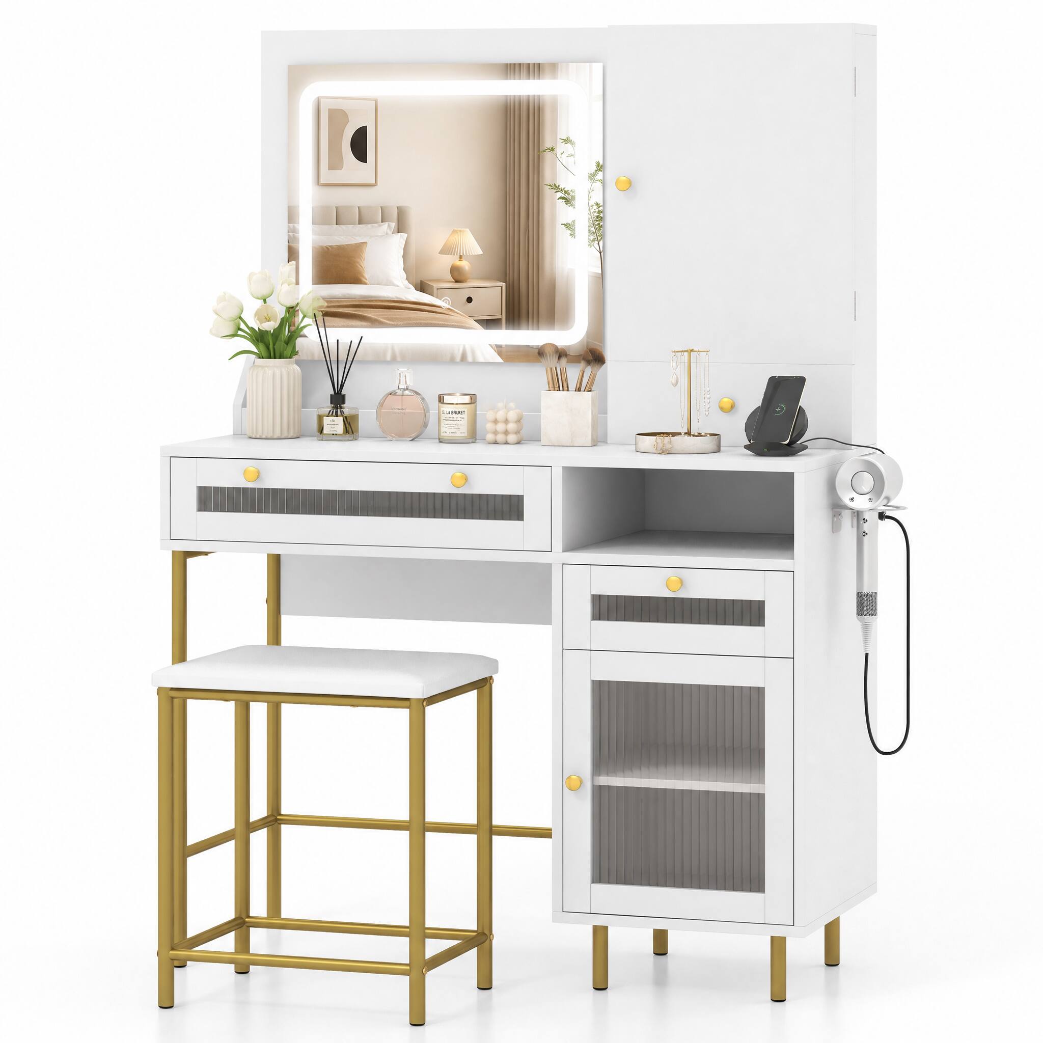 Alt View 4. WELLFOR - Modern Vanity Set with LED Light Mirror & Charging Station, Makeup Vanity Desk with Storage Stool,Jewelry Cabinet - White.