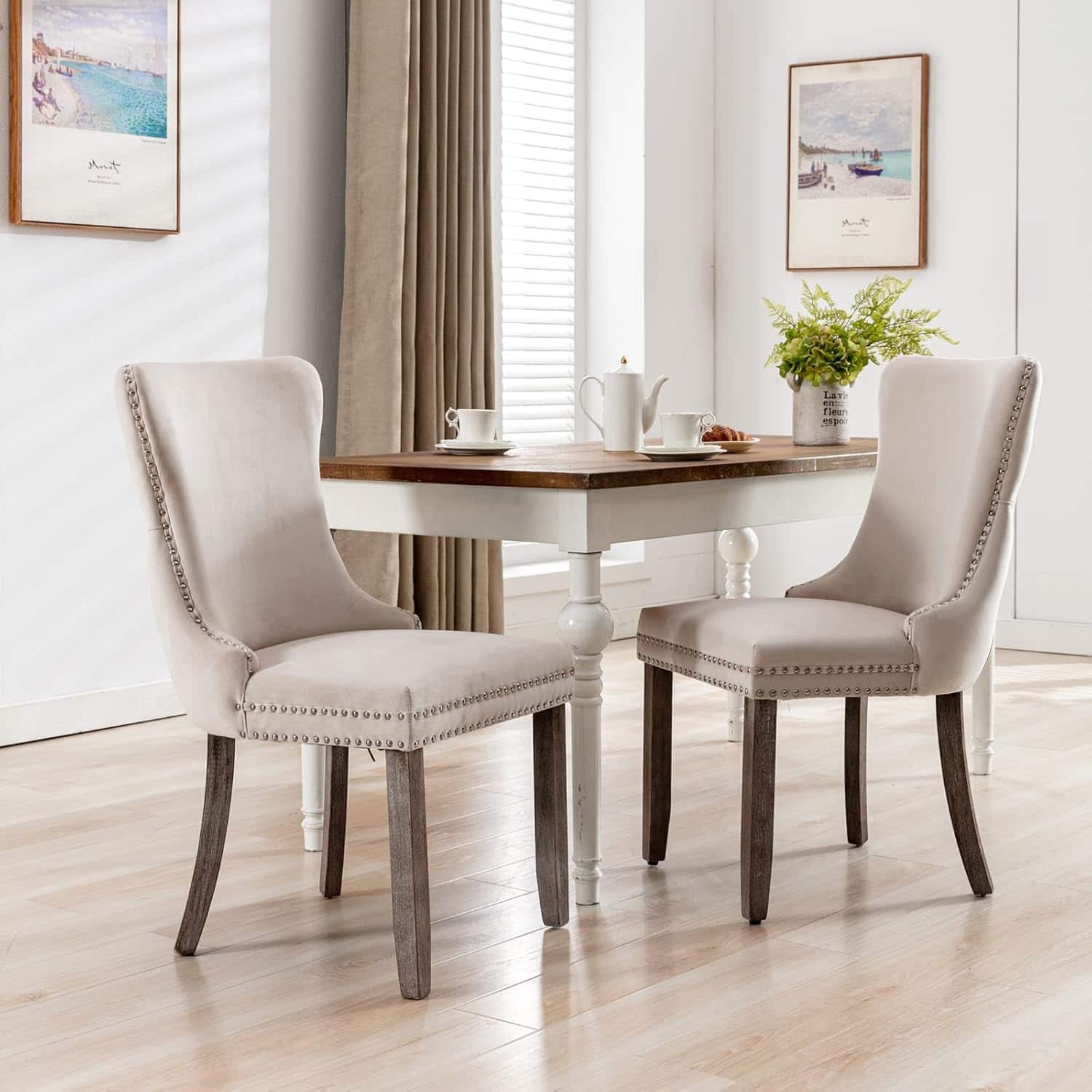 Trinkets Crazed - Upholstered Wing-Back Dining Chair with Backstitching Nailhead Trim and Solid Wood Legs,Set of 2 - beige