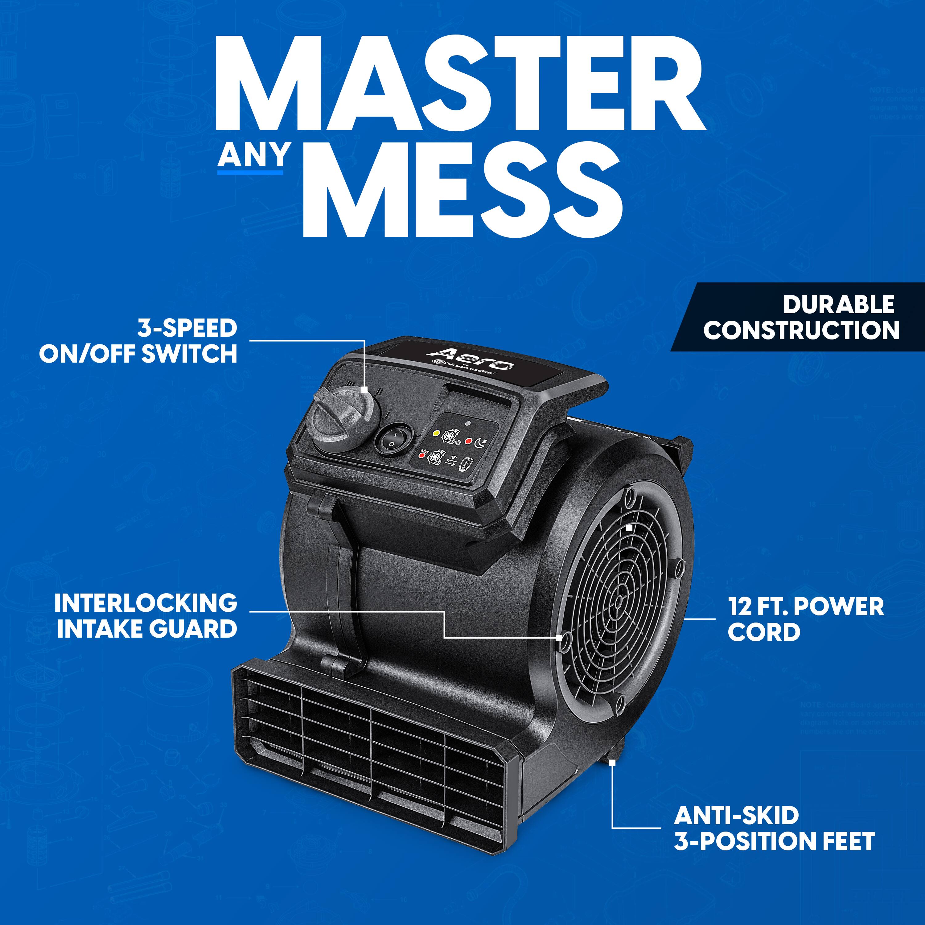 MASTER ANY MESS

DURABLE CONSTRUCTION

3-SPEED ON/OFF SWITCH

INTERLOCKING INTAKE GUARD

12 FT. POWER CORD

ANTI-SKID 3-POSITION FEET