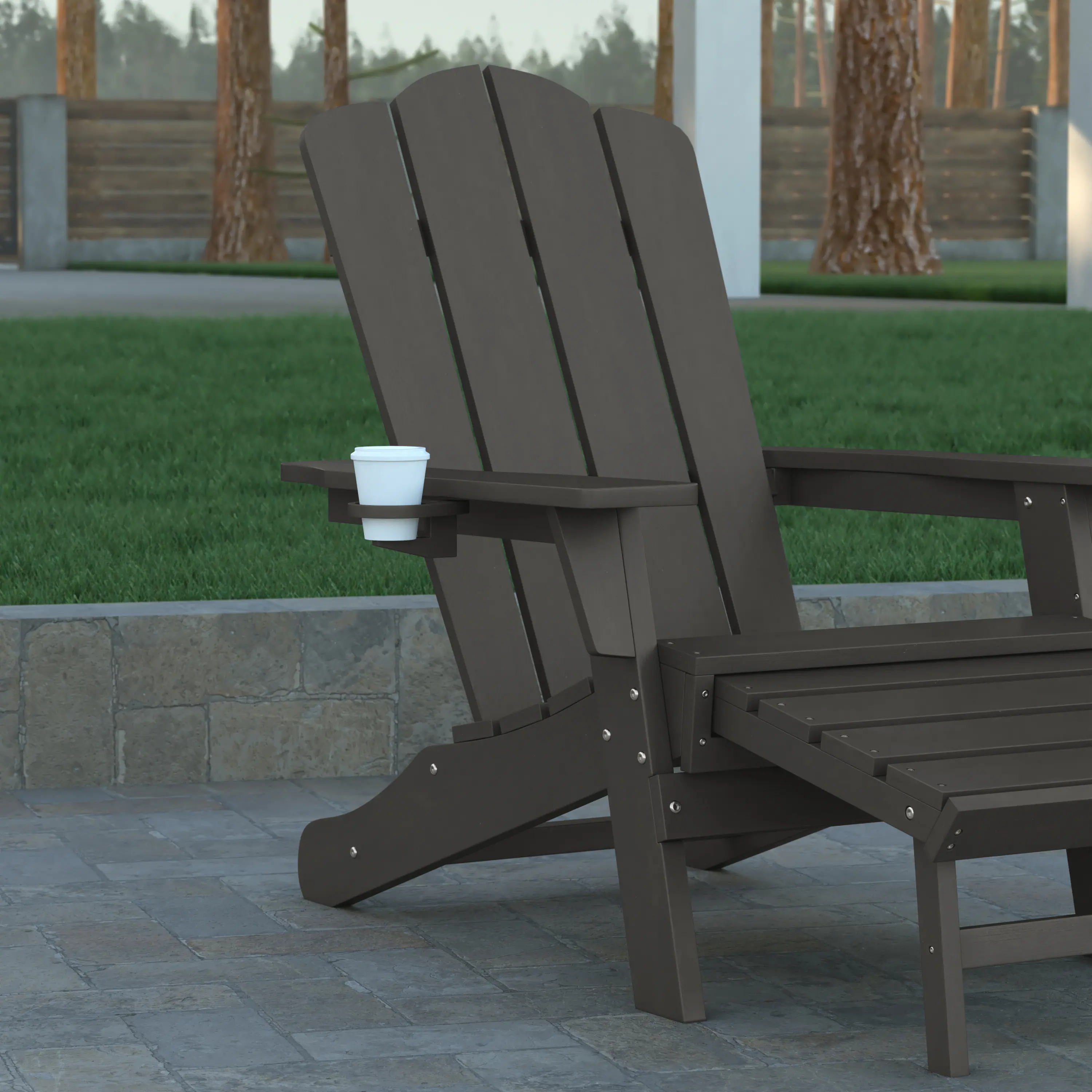 Alt View 5. Emma + Oliver - Tiverton Set of 2 Adirondack Chairs with Cup Holders and Pull Out Ottoman, All-Weather HDPE Indoor/Outdoor Lounge Chairs - Gray.