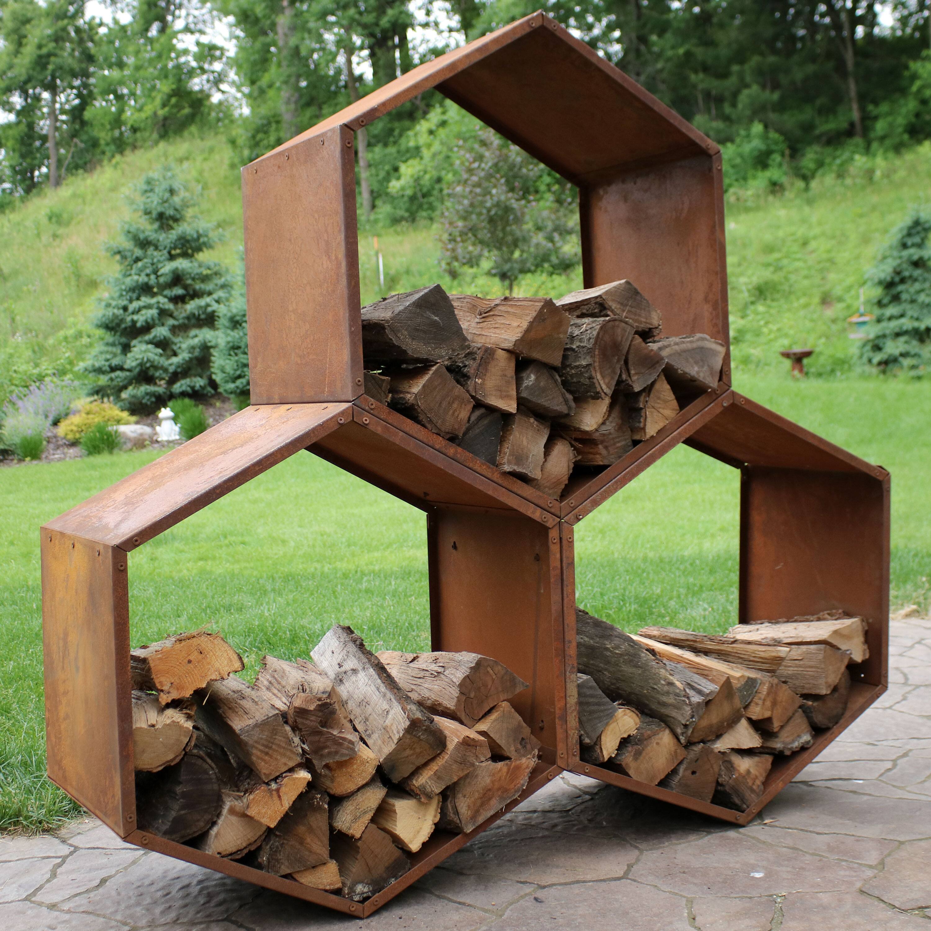Alt View 1. Sunnydaze - 30 in Hexagon Rustic Honeycomb Firewood Log Rack - Set of 3 - Bronze.