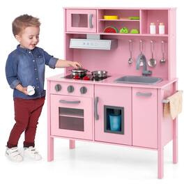 Costway - Kids Kitchen Playset Wooden Pretend Play Chef Toy with Microwave & Accessories - Pink