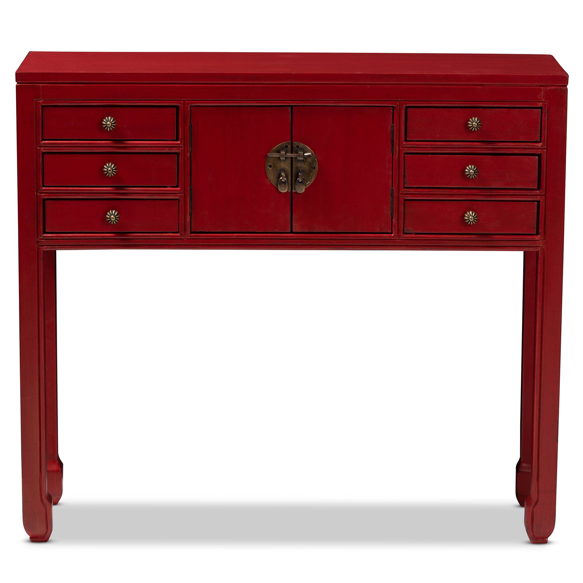 Left. Baxton Studio - Melodie Classic and Antique Finished Wood Bronze Finished Accents 6-Drawer Console Table - Red.