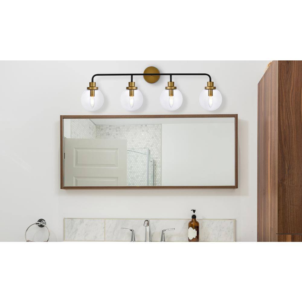 Angle. Living District - Hanson 4 lights bath sconce in black with brass with clear shade - Black And Brass And Clear Shade.