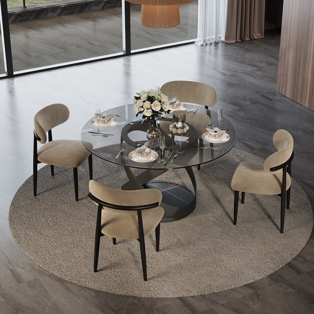 POVISON - 51" Modern Gray Glass Round Dining Table for 4, Smoked Gray Tempered Glass Tabletop with Black X Carbon Steel Base - Smoked Gray Tempered Glass with Black