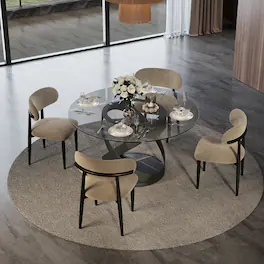 POVISON - 51" Modern Gray Glass Round Dining Table for 4, Smoked Gray Tempered Glass Tabletop with Black X Carbon Steel Base - Smoked Gray Tempered Glass with Black