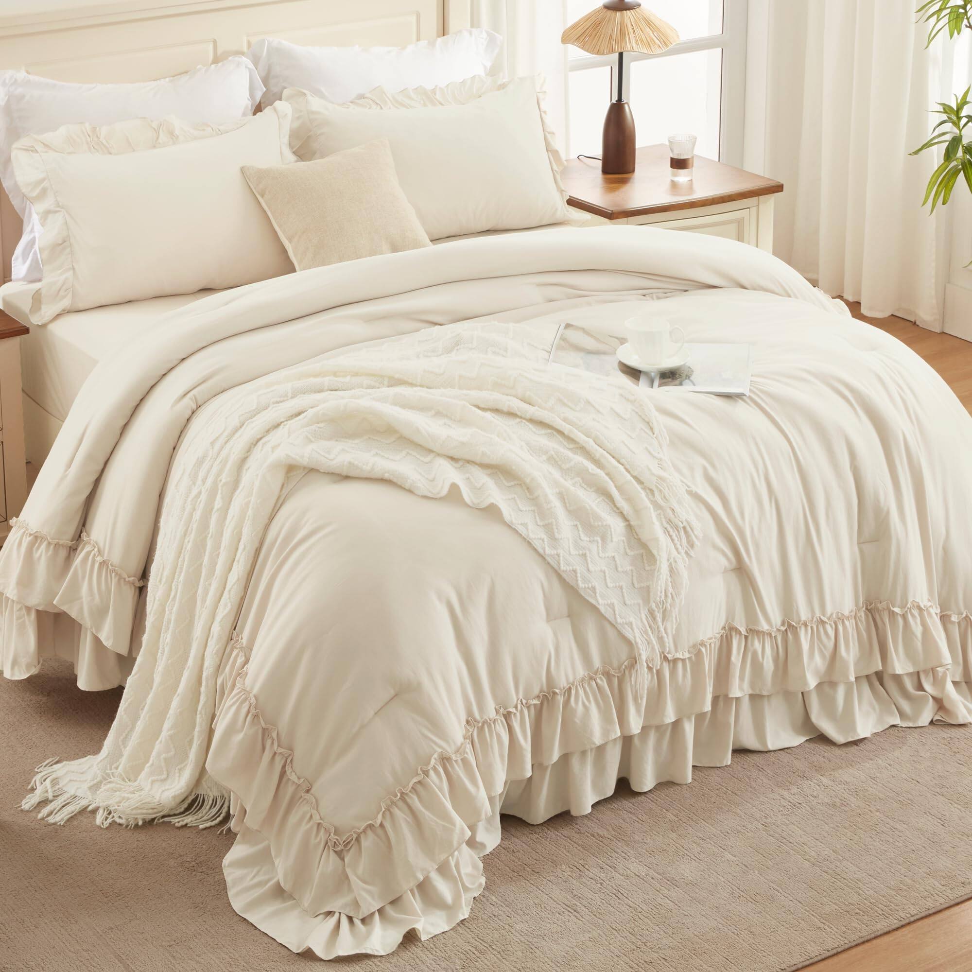 Left. Comfort Essence - Queen Comforter Set 3 Pieces Soft Lightweight Fluffy Solid Ruffle Bedding Sets All Season Farmhouse Shabby - Beige-Full (79"x90").