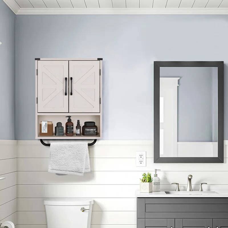 Angle. Hivvago - White Farmhouse Bathroom Wall Cabinet with Storage Shelf and Towel Bar - White.