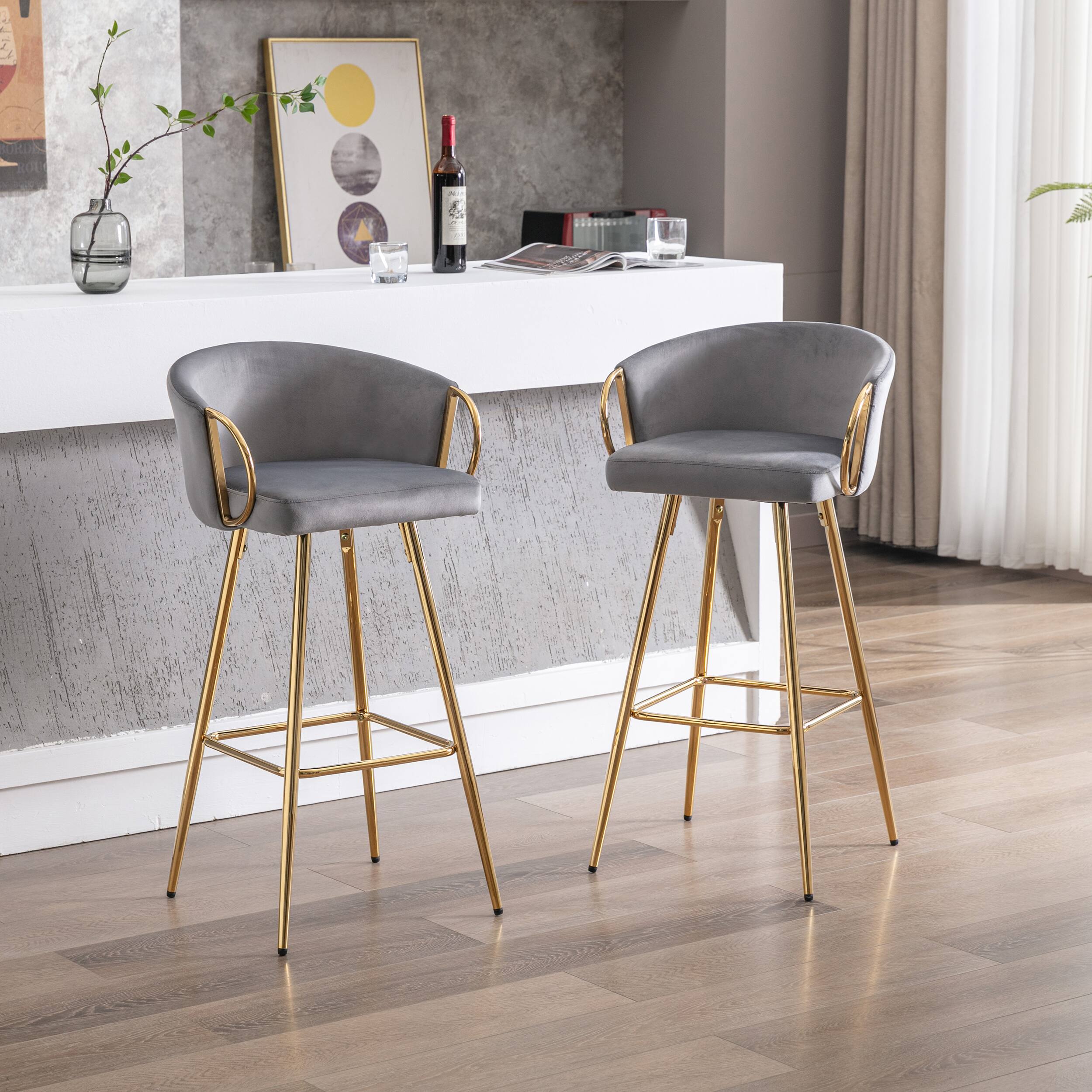 Alt View 5. APRILSOUL - 30 Inch Set of 2 Bar Stools Chrome Footrest Base Velvet Golden Leg Simple GRAY - Gray.