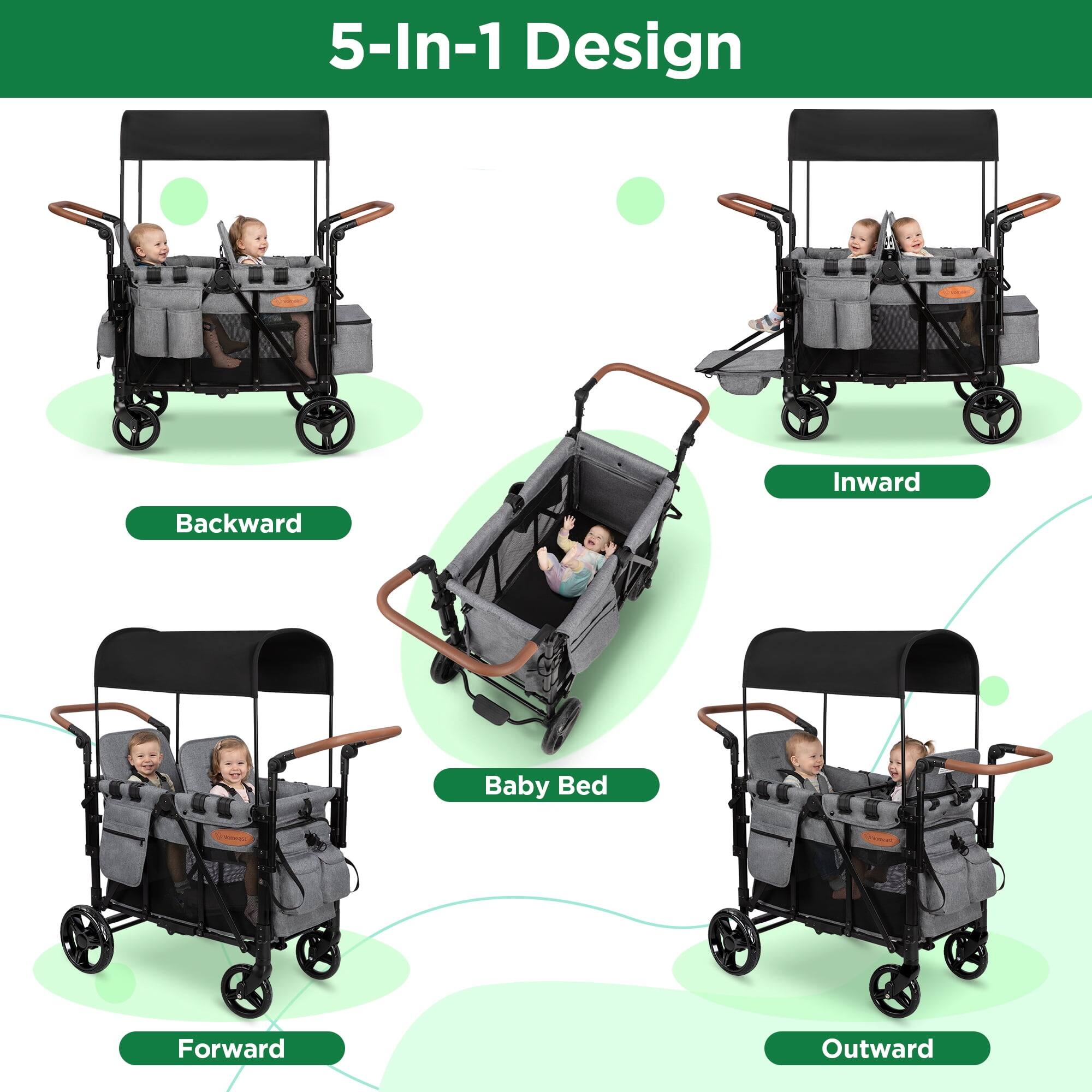 5-In-1 Design

- Backward
- Inward
- Baby Bed
- Forward
- Outward