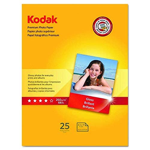 Kodak  
Premium Photo Paper  
Papier photo supérieur  
Papel fotográfico Premium  

Glossy photos for everyday prints and albums  
Photos brillantes pour l'impression quotidienne et les albums  
Fotografías brillantes para álbumes y copias informales  

250 g/m²  
66lb  
Gloss Brillant Brillante  

25  
8.5x11"  
218+27km