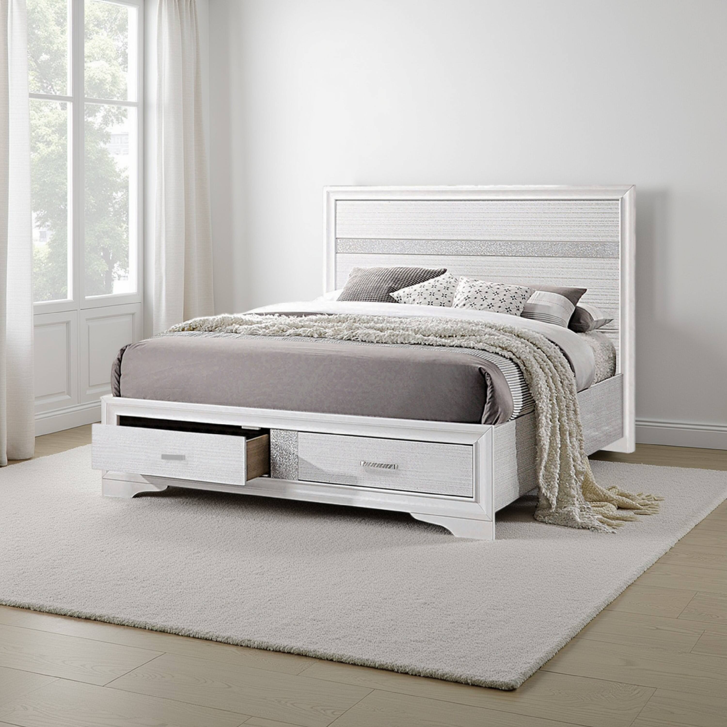 Alt View 5. Manhattan Lane - Contemporary Eastern King Bed with Drawers and Glittering Stripes - White.