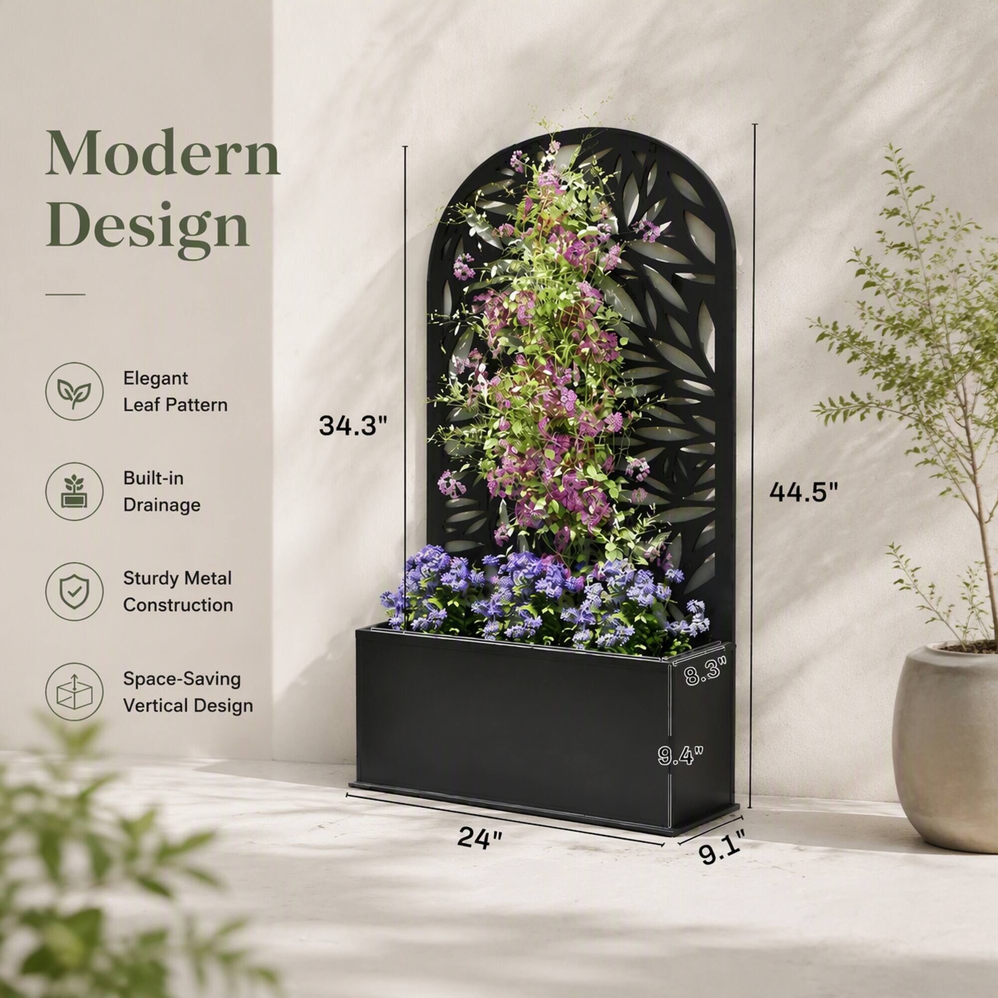 Modern Design  
Elegant Leaf Pattern  
Built-in Drainage  
Sturdy Metal Construction  
Space-Saving Vertical Design  

34.3"  
44.5"  
24"  
8.3"  
9.4"  
9.1"
