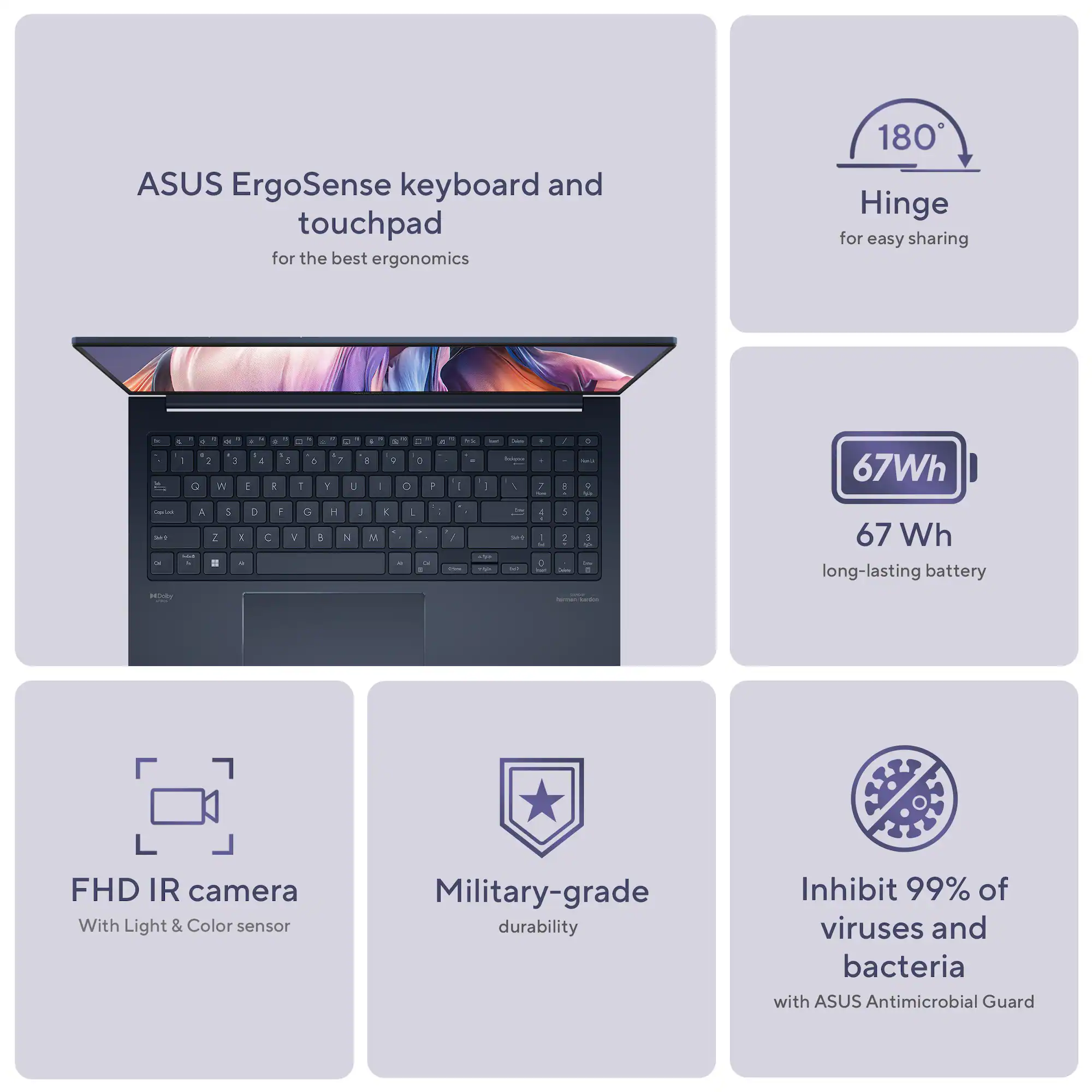 Zoom in on ASUS ErgoSense keyboard and touchpad for the best ergonomics
180 Hinge for easy sharing
2+ W 1 a 1 - - A Y 7 u I - 0 O D + - . - . 2 A - C - 67Wh - - A 2 . 3 > C 2 O - % 3 M x E - . - 3 67 Wh long-lasting battery
H FHD IR camera With Light & Color sensor
Military-grade durability
Inhibit 99% of viruses and bacteria with ASUS Antimicrobial Guard
