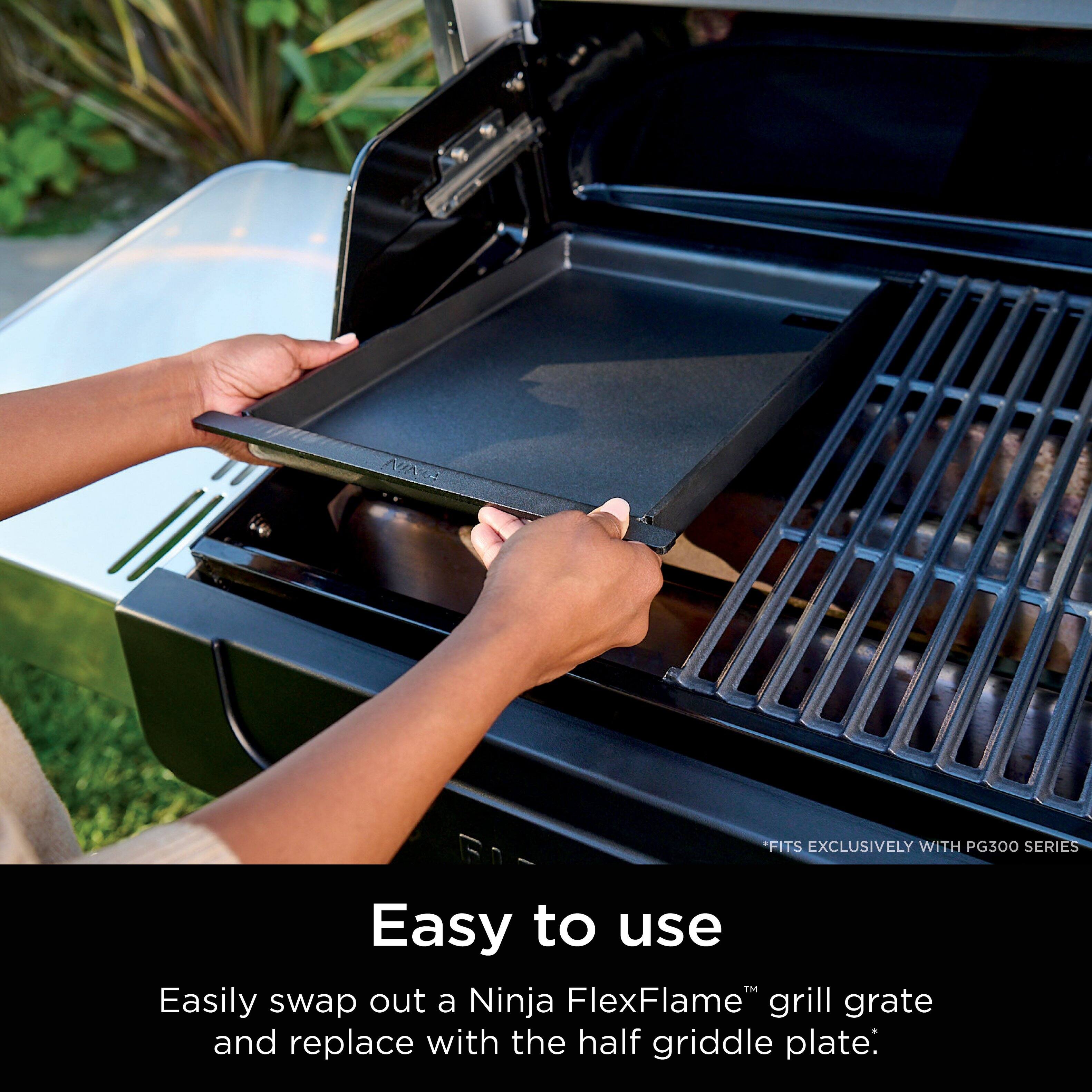 Easily swap out a Ninja FlexFlame grill grate and replace with the half griddle plate.