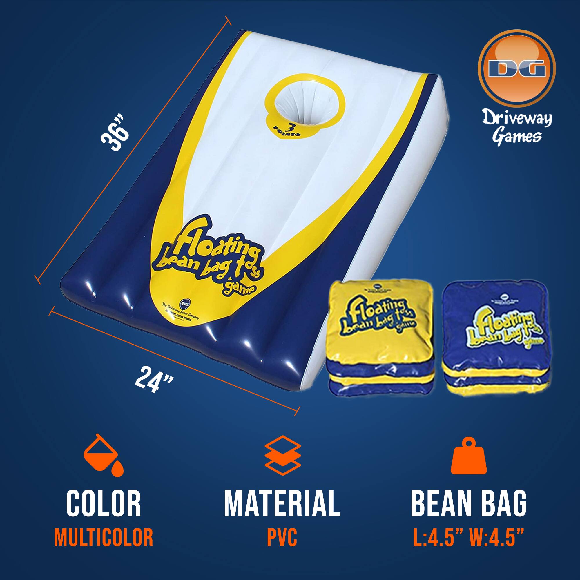 DG 36" Floating Bean Bag Toss Game  
24" Floating Bean Bag Toss Game  

- COLOR: MULTICOLOR  
- MATERIAL: PVC  
- BEAN BAG: L:4.5" W:4.5"