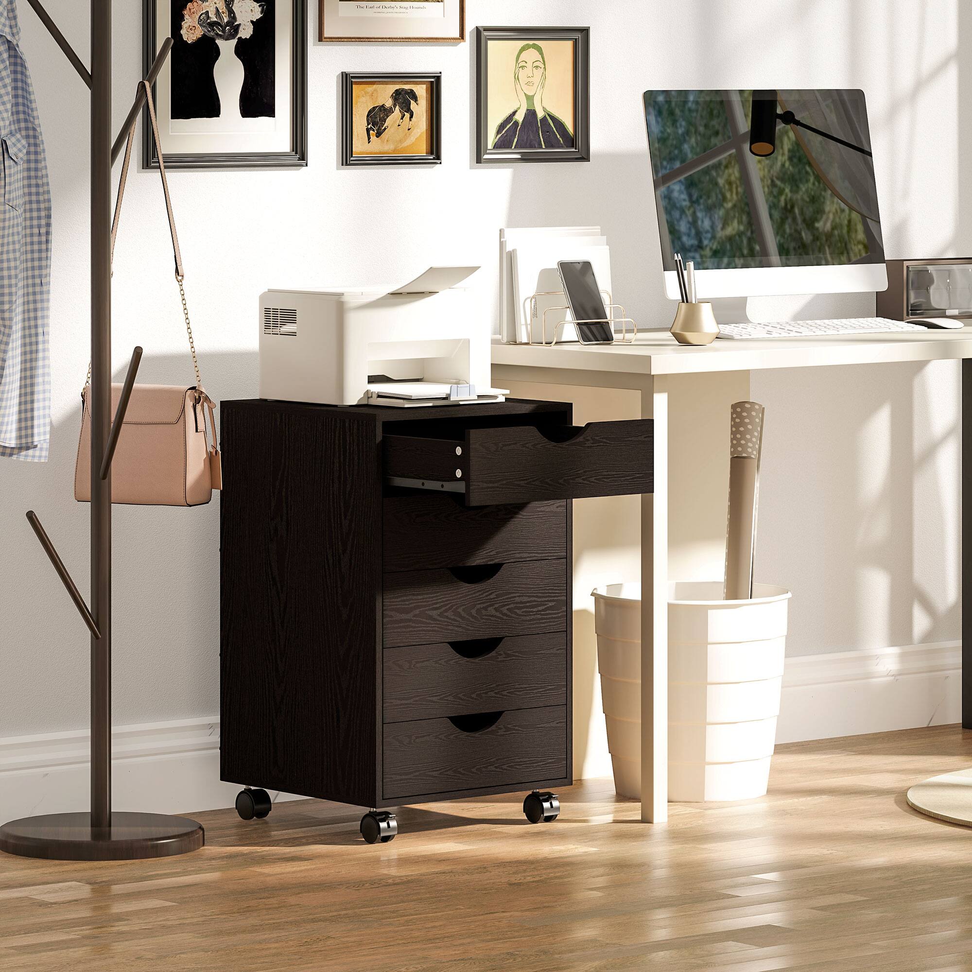 Alt View 1. Homcom - 5 Drawer Home Office Storage Cabinet, Mobile Printer Stand with Nordic Minimalist Modern Style & Wheels.