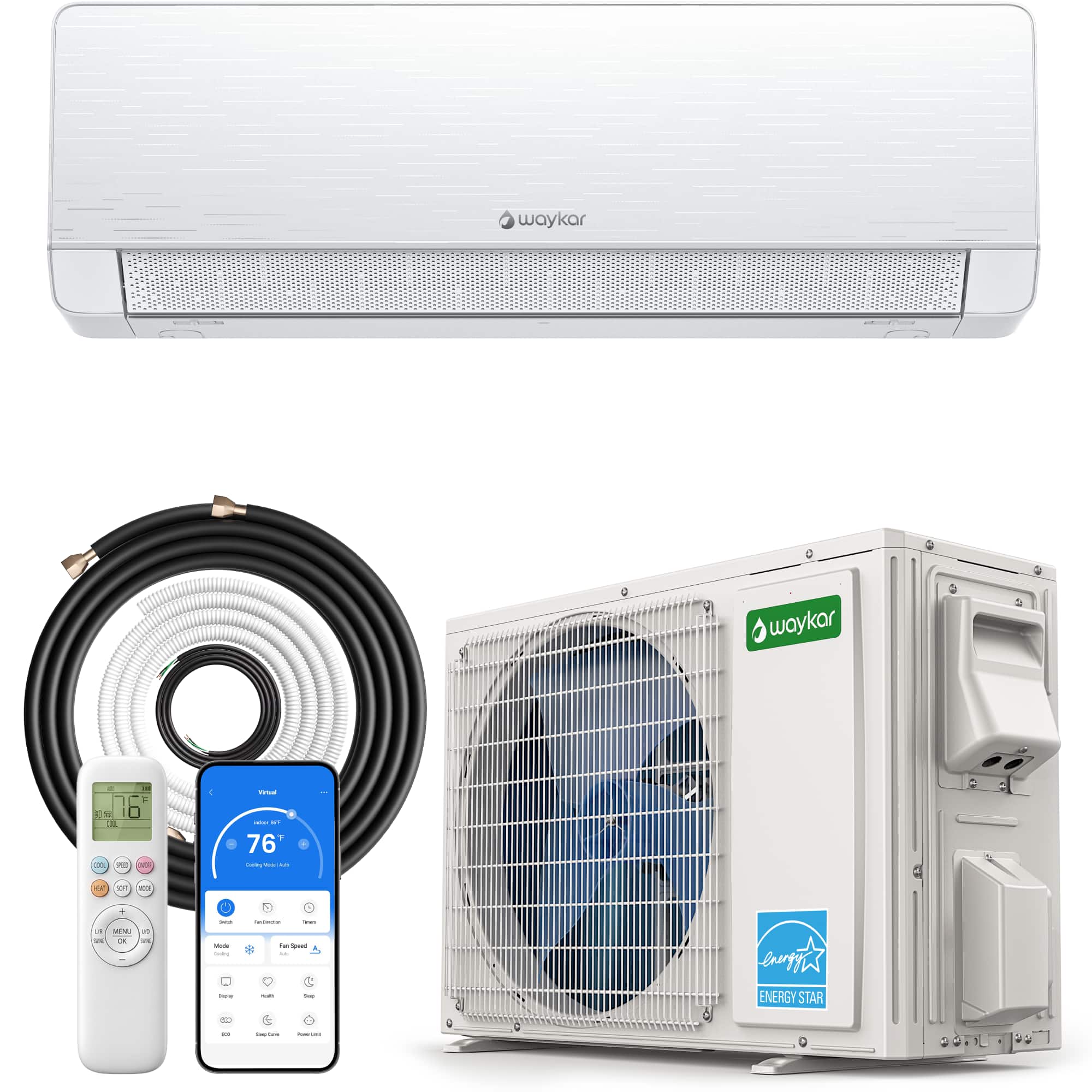 Waykar - Mini Split Air Conditioner 18000 BTU Cooling and Heating Inverter System 230V with Remote Control - White
