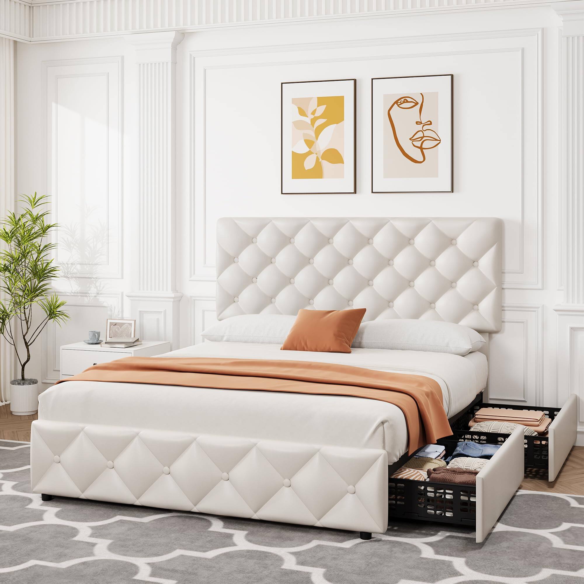 Alt View 4. Jojoka - Full Upholstered Bed Frame with 4 Drawers & Adjustable Tufted Headboard, Diamond Stitched Button Tufted - White-PU.
