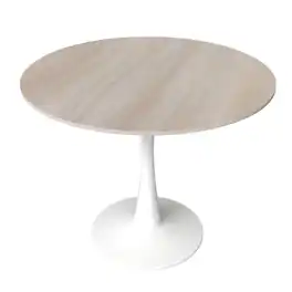 LeisureMod - Bristol Modern 35" MDF/Stone Round Dining Table, Mid-Century with White Pedestal Base for Kitchen - Stone - Natural Wood