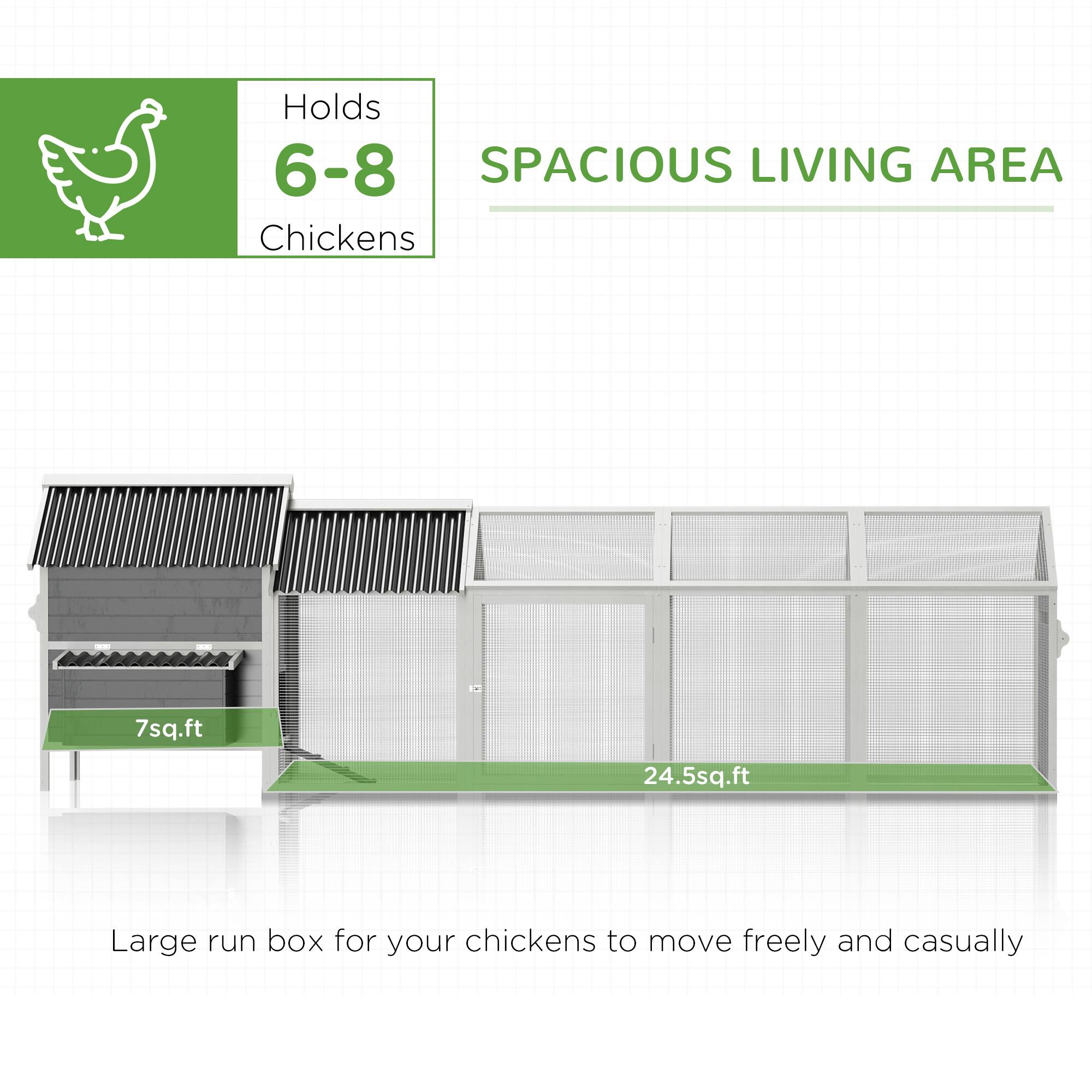 Holds 6-8 Chickens

SPACIOUS LIVING AREA

7 sq.ft

24.5 sq.ft

Large run box for your chickens to move freely and casually