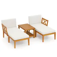 Costway 5 PCS Acacia Wood Patio Chaise Lounge Chair Set with 2-Tier Coffee Table Cushions - Off White,Natural - Front_Zoom