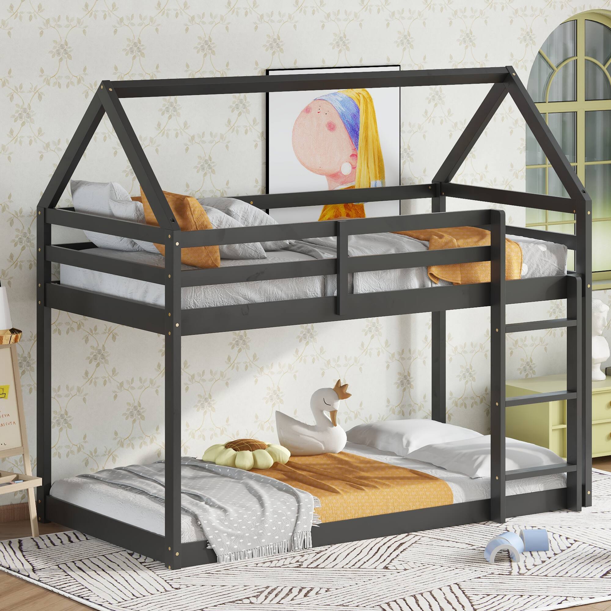 Alt View 7. GOODSILO - House-Shaped Twin Over Twin Rubber Wood Bunk Bed with Ladder and Guardrails for Kids - Black.