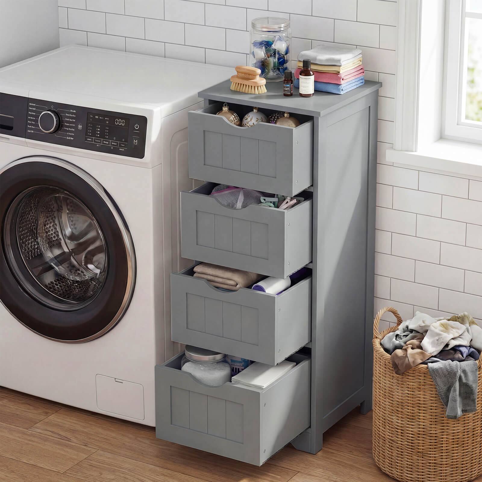 Alt View 3. Costway - Costway 32.5" Bathroom Floor Cabinet with Anti-tipping Device Freestanding Towel Cabinet - Gray.