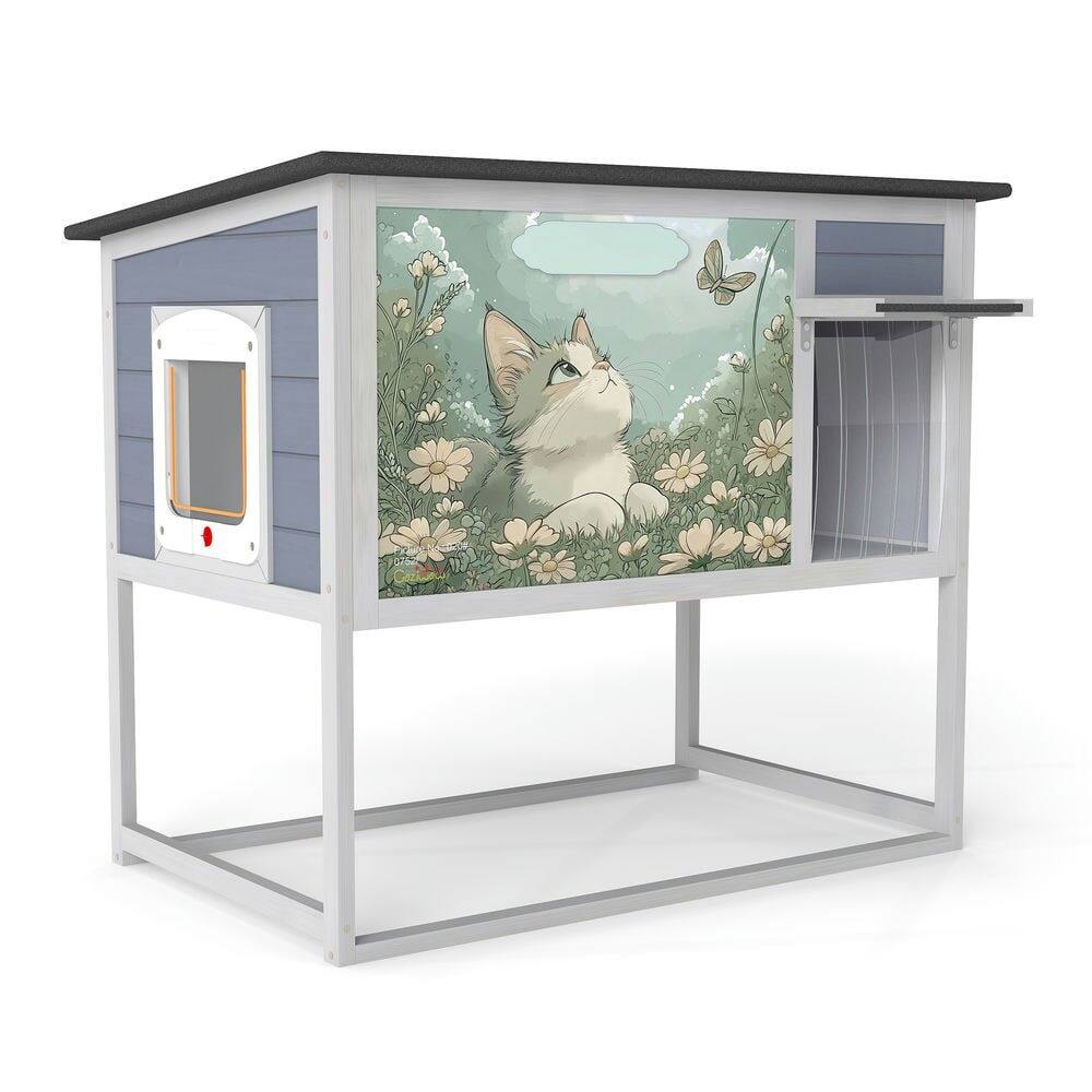 Alt View 8. Resenkos - Resenkos Elevated Cat Shelter, Weatherproof Feral Home With High Legs, Curtained & Escape Door, Openable Top, Gray.