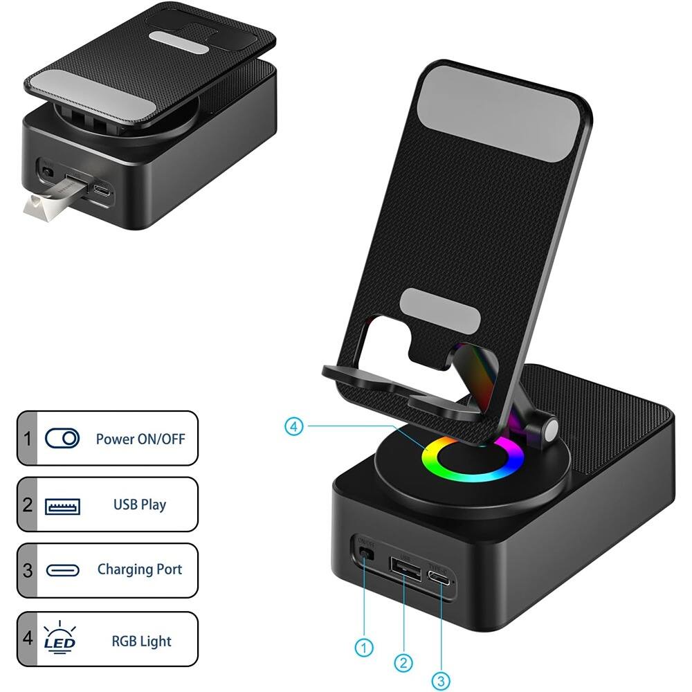 1. Power ON/OFF  
2. USB Play  
3. Charging Port  
4. LED RGB Light
