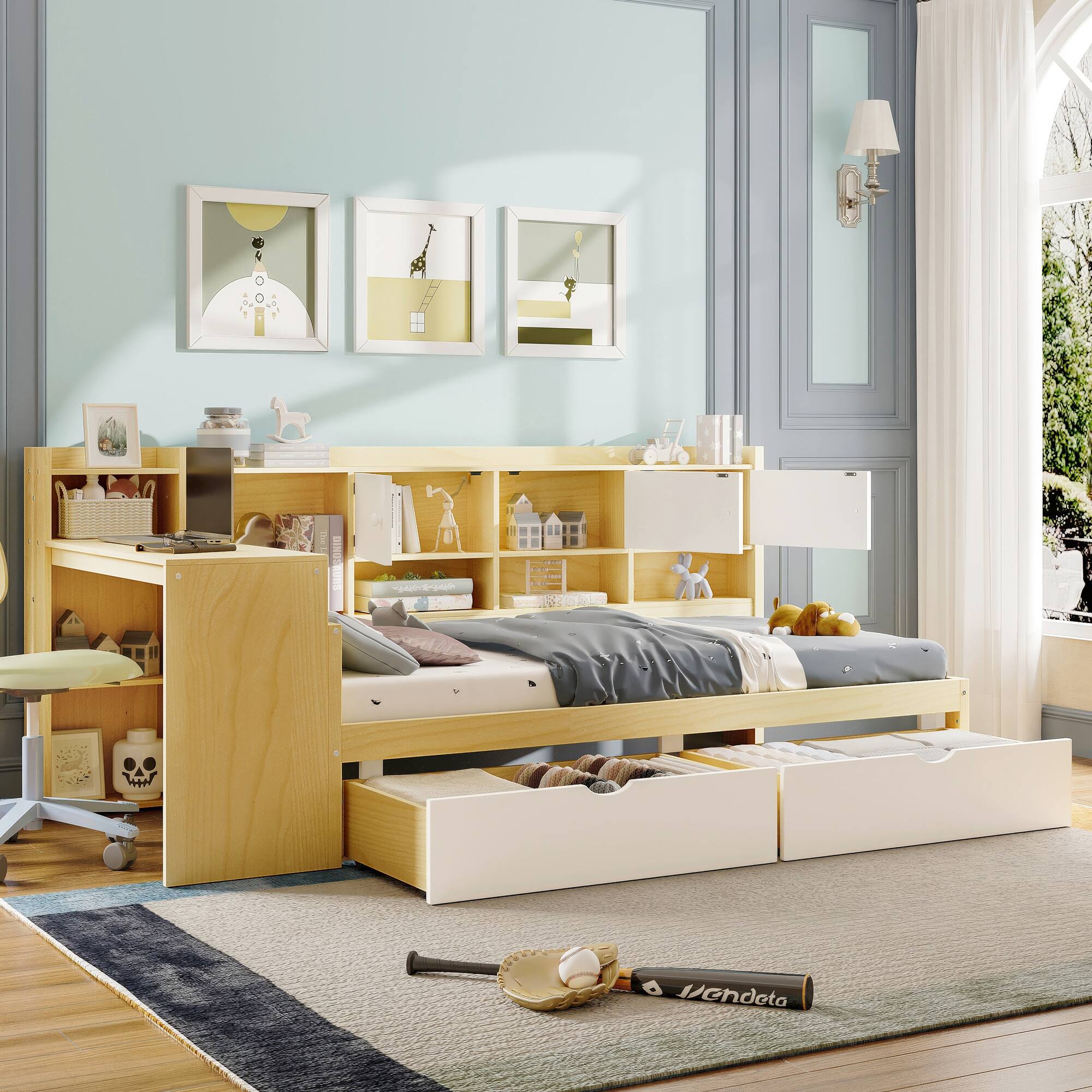 Angle. Tiramisubest - Wooden L-Shape Daybed with Storage Cabinets and Drawers, Multi-functional Bed with Study Desk and Built-in Bookshelf - Natural+White.